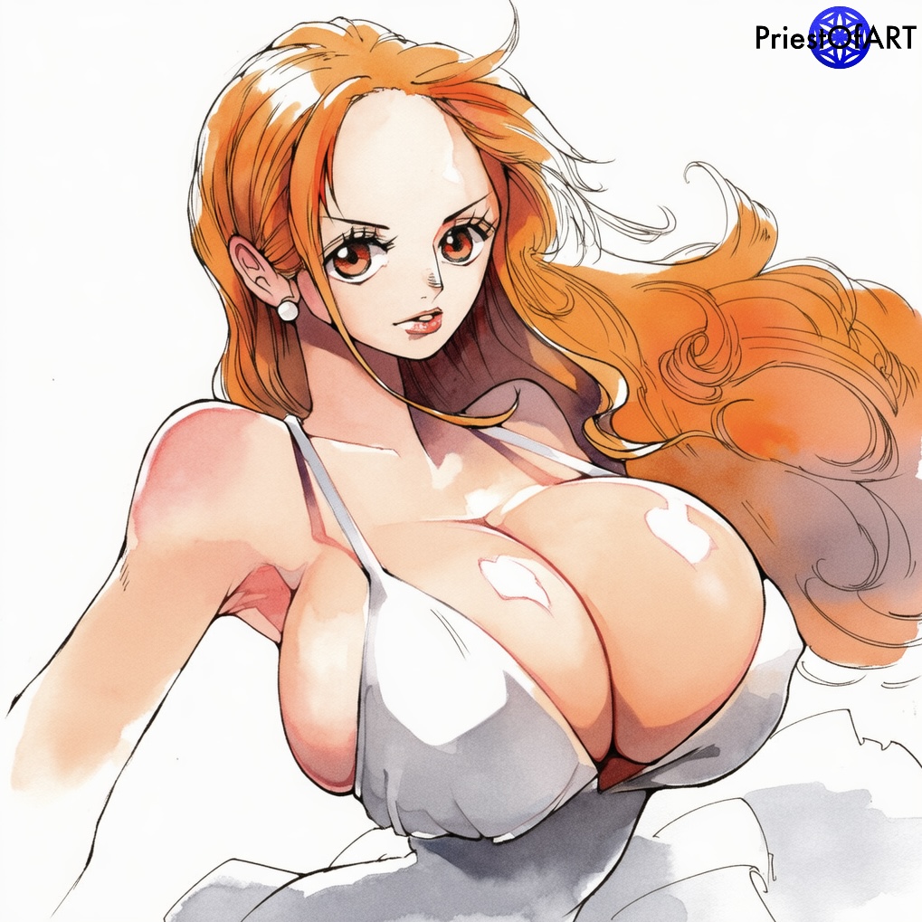 1girls, ai generated, breasts, brown eyes, busty, dress, female, female only, huge breasts, nami (one piece), narrow waist, one piece, orange hair, orange-haired female, priestofart, shiny, simple background, solo, solo focus, upper body, watercolor, watercolor (artwork), watermark, white background, white dress, wide hips