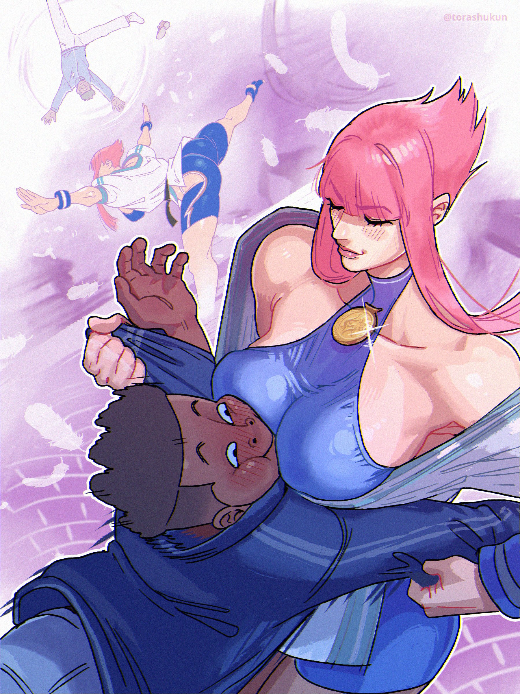 1boy, 1girls, 2d, busty, capcom, female, female focus, hourglass figure, male, manon legrand, pink hair, protagonist (sf6), street fighter, street fighter 6, tagme, torashu-kun, wide hips