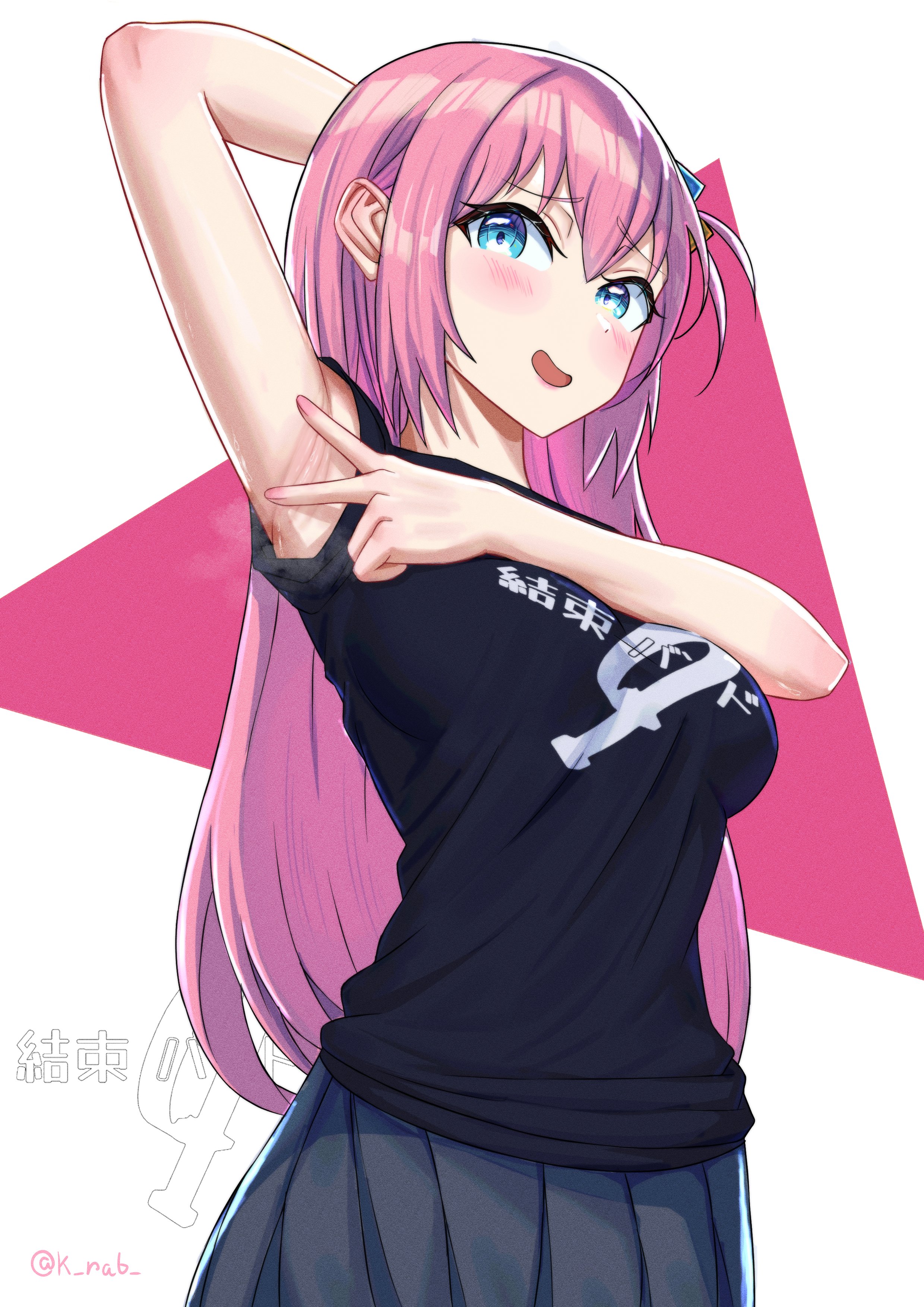 1girls, absurdres, arm up, armpit focus, armpits, black shirt, blue eyes, blue skirt, blush, bocchi the rock!, breasts, commentary, female, female only, gotou hitori, hair between eyes, hair ornament, highres, kan (k rab), large breasts, long hair, looking at viewer, nail polish, open mouth, pink hair, pink nails, pleated skirt, presenting, presenting armpit, shadow, shirt, sidelocks, skirt, smell, solo, spread armpit, standing, steaming body, t-shirt, twitter username, very long hair, white background