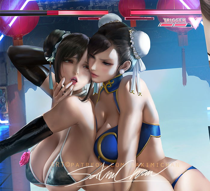 2girls, big breasts, bikini, black hair, breasts, brown eyes, brown hair, capcom, chun-li, female, female only, final fantasy, final fantasy vii, long hair, mature female, sakimichan, square enix, street fighter, street fighter 6, tifa lockhart, yuri