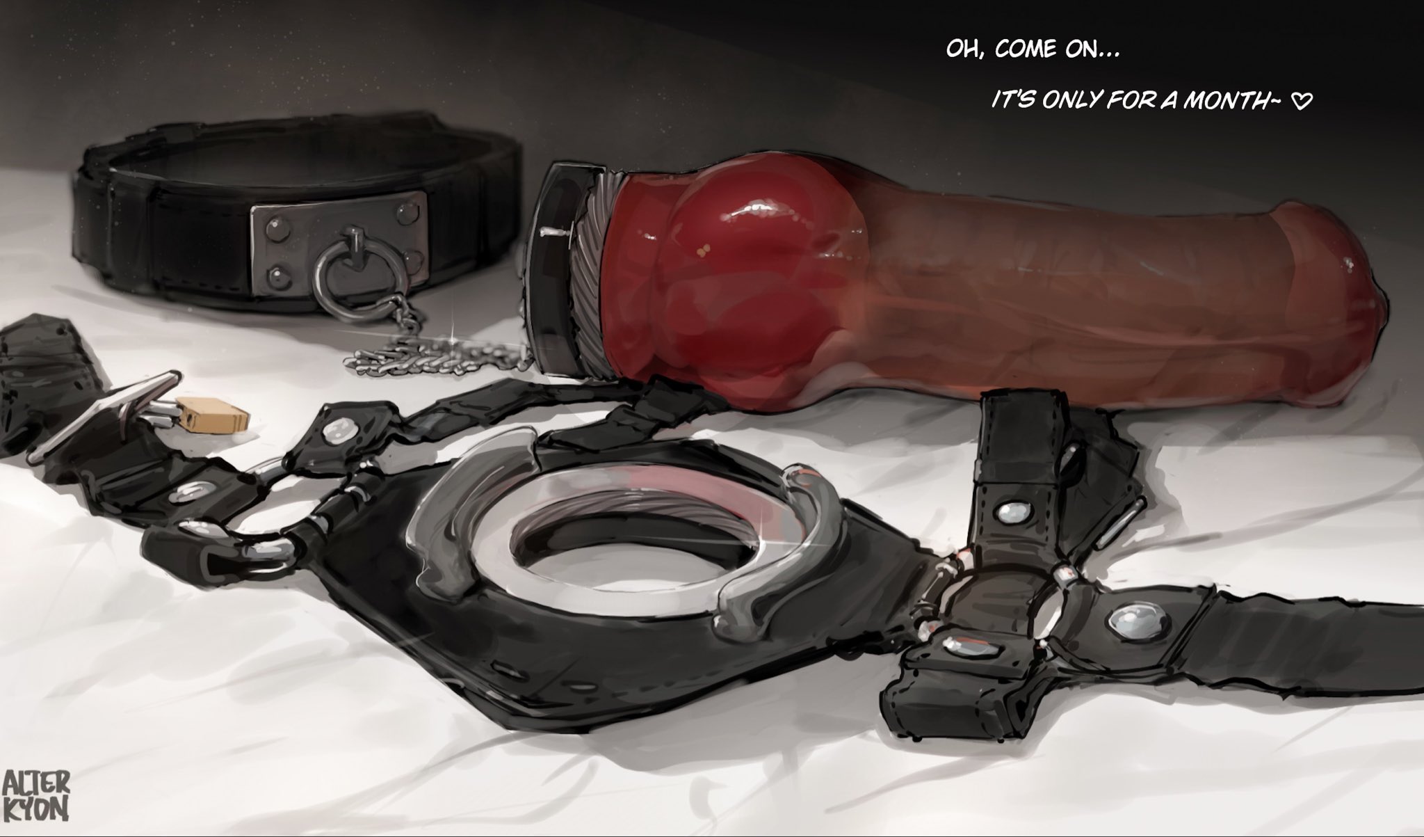 alterkyon, big dildo, collar, dildo, dildo gag, english text, gag, gag harness, imminent deepthroat, imminent gag, knotted dildo, large dildo, lock, no humans, out of frame, pov, ring gag, sub pov, text