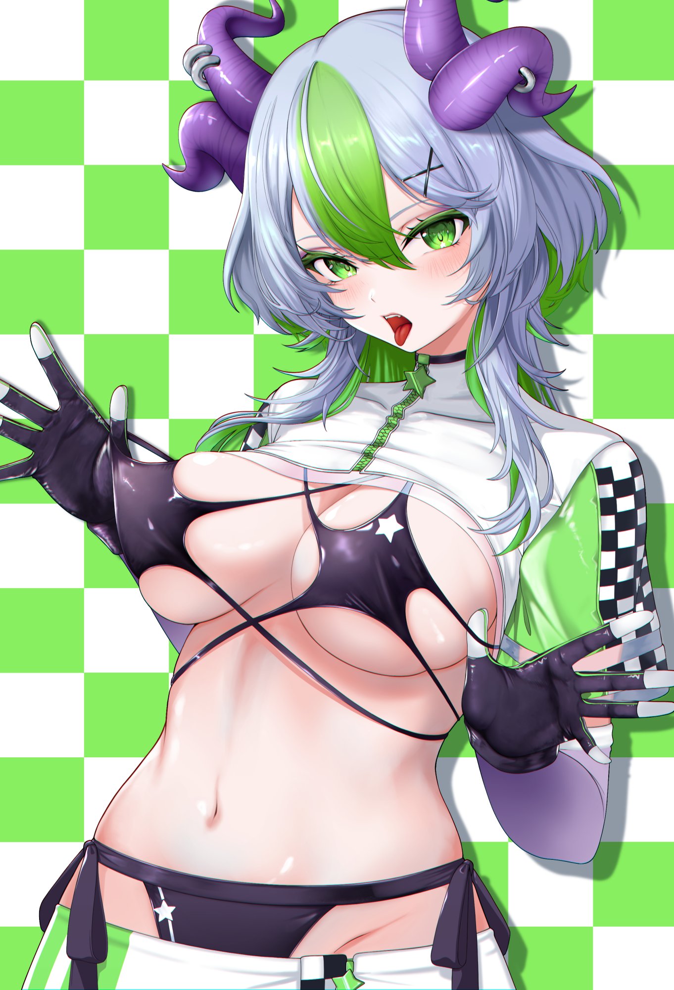 bikini, bra, bra pull, breasts, demon girl, demon horns, female, froot, gloves, green eyes, green hair, grey hair, horns, indie virtual youtuber, lich, medium breasts, midriff, open mouth, panties, race queen, shirt lift, tongue out, uzyou1129, virtual youtuber, vtuber