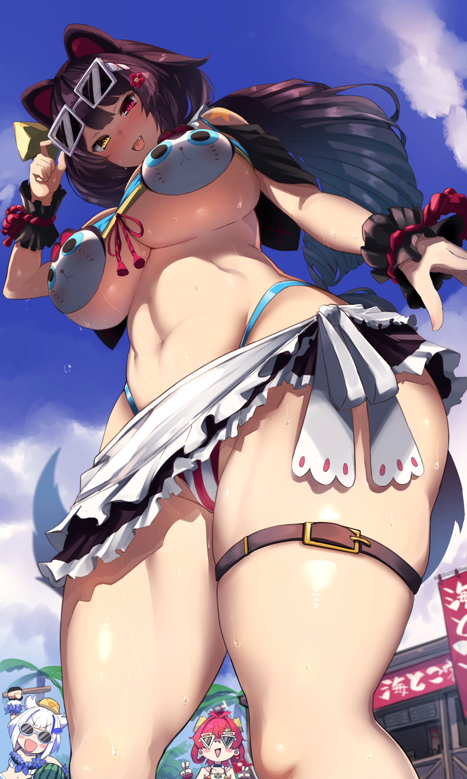 ange_katrina animal_ears big_breasts bikini blush brown_hair cat_ears catgirl curvy fang female from_below hair_ornament heterochromia huge_breasts inui_toko lize_helesta looking_at_viewer looking_down midriff nijisanji nuezou open_mouth solo_focus sunglasses sunglasses_on_head sweat sweatdrop swimsuit thick_thighs thighs underboob virtual_youtuber