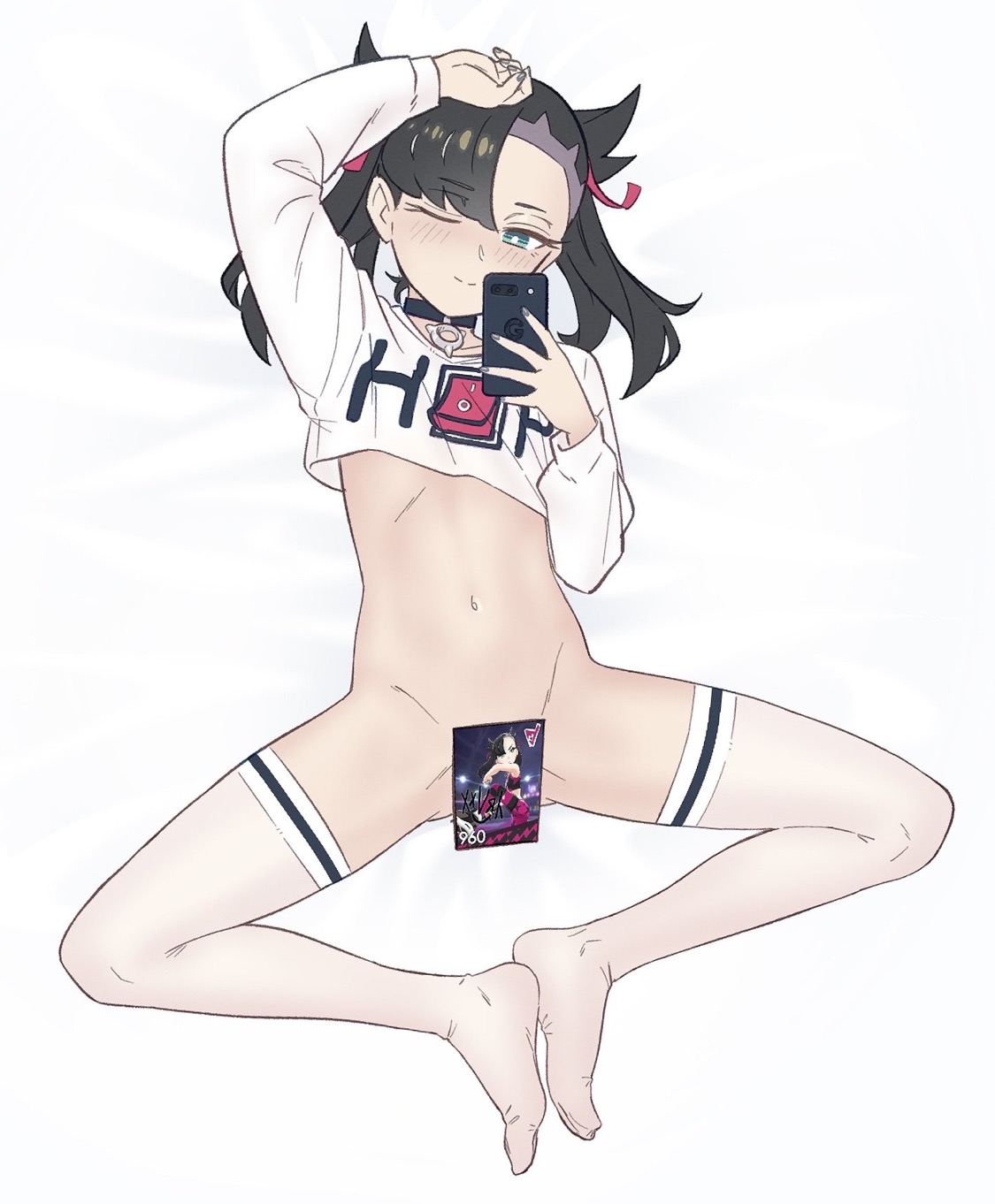 1girls, black hair, black nails, clothed, female, green eyes, grey hair, grey nail polish, league card, lewdismug, marnie (pokemon), nail polish, phone, pokemon, pokemon ss, selfie, shaved hair, tagme, wink