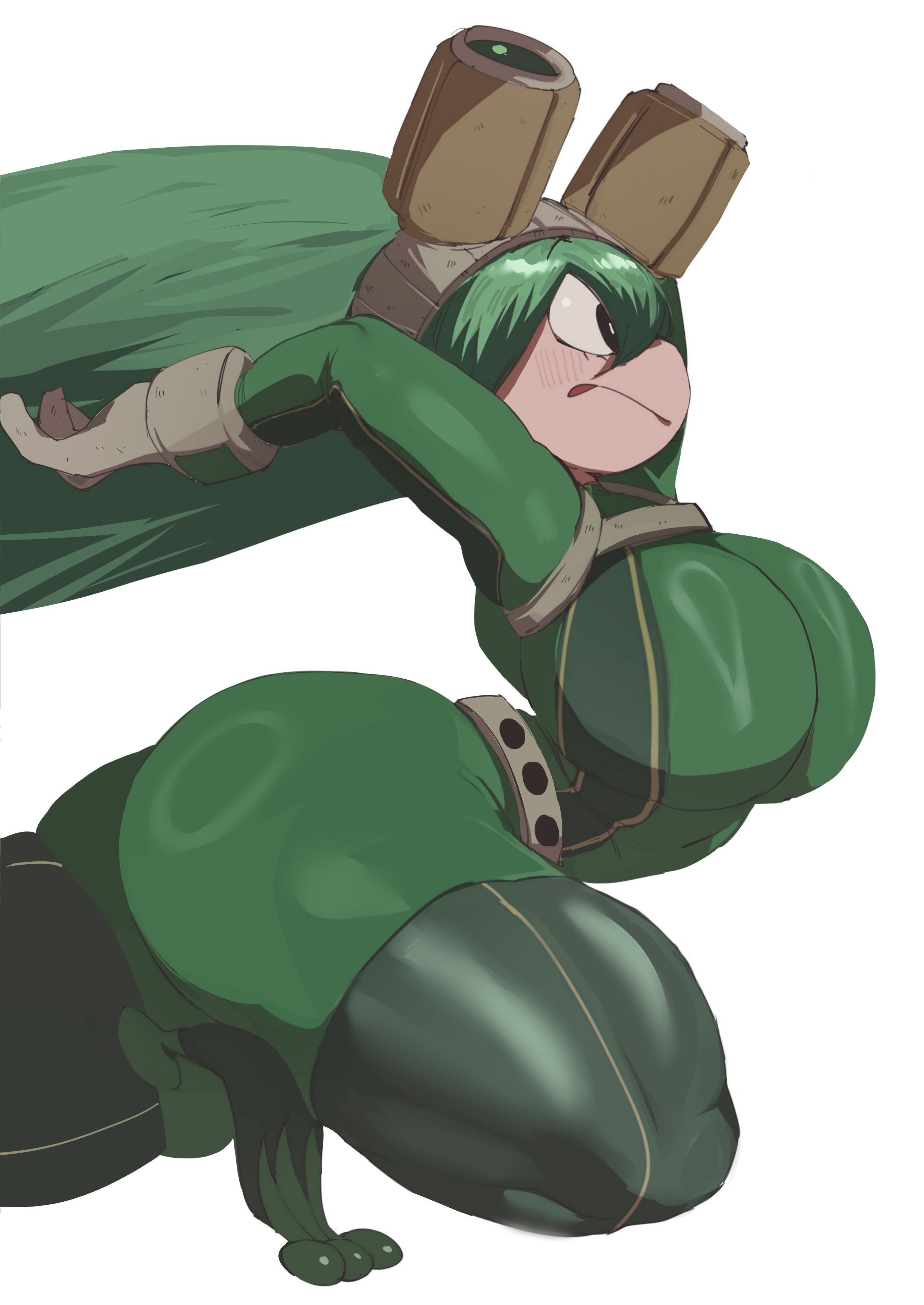 1girls, 2025, 3 toes, amphibian, amphibian humanoid, arms above head, arms behind head, arms up, ass, belt, big breasts, black eyes, blush, bodysuit, breasts, busty, coffing (artist), color, colored, costume, eyelashes, feet, female, female focus, female only, gloves, goggles, goggles on head, green hair, green-haired female, hair, headgear, hero outfit (mha), heroine, hips, huge ass, huge breasts, humanoid, knees, large breasts, legs, legs apart, light skin, light-skinned female, long hair, muscles, muscular, muscular female, muscular legs, muscular thighs, my hero academia, plain background, pose, posing, redraw, remake, side view, simple background, skin tight, solo, solo female, solo focus, straight hair, teenager, thick thighs, thighs, tight clothing, tiptoes, tongue, tongue out, tsuyu asui, white background
