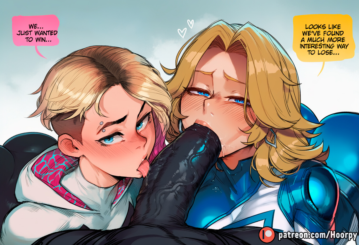 1boy, 2girls, abs, ai generated, aroused, aroused face, ass up, athletic, athletic female, big ass, big breasts, big butt, big thighs, black panther (marvel rivals), black panther (marvel), black panther (series), blowjob, blush, breasts, caption, clothed, clothing, comic, comic page, comics, cooperative fellatio, crossover, curvy, curvy body, curvy female, curvy figure, cute, cute face, dark skin, dark-skinned male, defeated, double blowjob, english, english text, eye contact, fantastic four, fellatio, female, female focus, group, group sex, gwen stacy, gwen stacy (spider-verse), hoorpy, hourglass figure, interracial, interracial sex, invisible woman, invisible woman (marvel rivals), large penis, licking, licking penis, light skin, light-skinned female, looking at viewer, male, male pov, marvel, marvel comics, marvel rivals, muscular, patreon, patreon logo, patreon username, penis, petite, petite body, petite breasts, petite female, pov, pov eye contact, saliva, sexy, sexy body, sexy pose, spider-gwen, spider-gwen (spider-verse), spider-man (series), spider-man: across the spider-verse, spider-man: into the spider-verse, story, sucking, sucking penis, sucking tip, sue storm, teamwork, text, thick thighs, thighs, threesome, voluptuous, voluptuous female, young, younger female