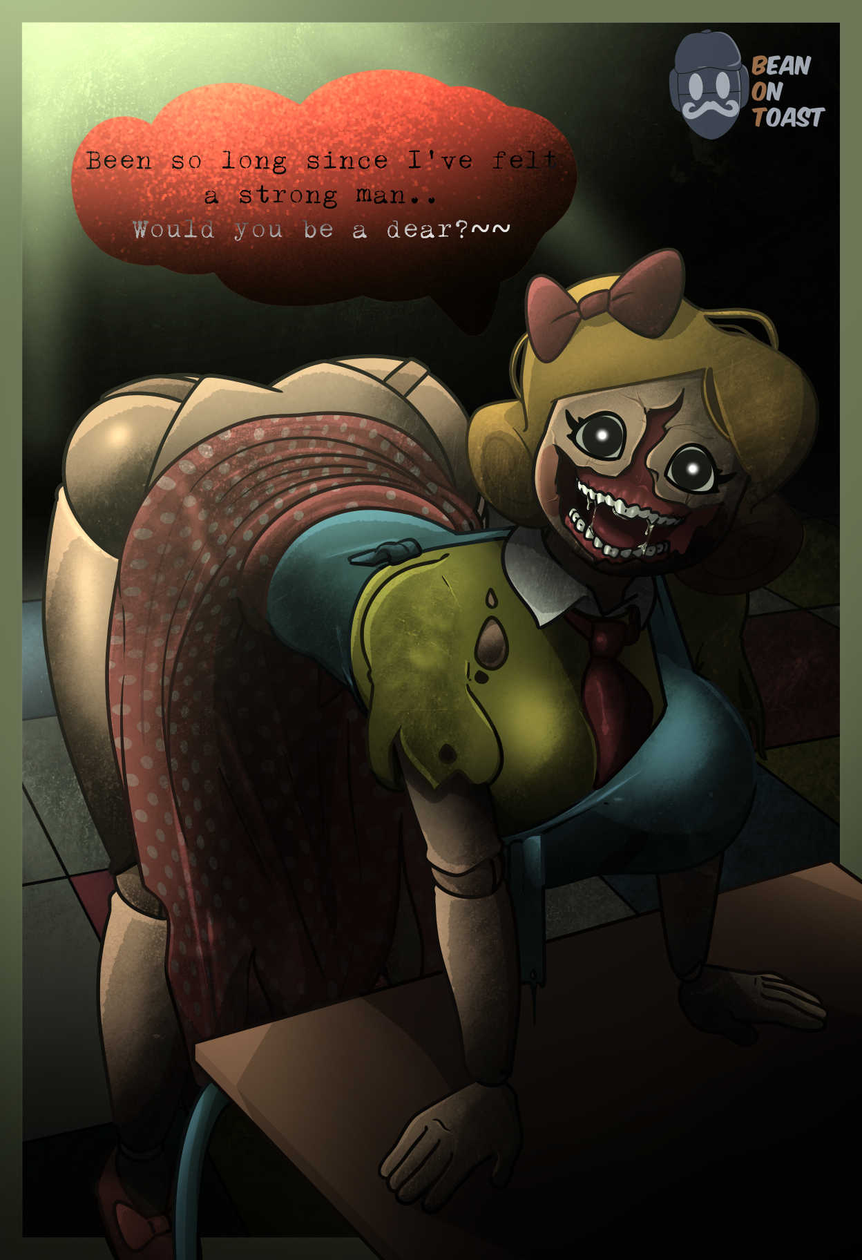2025, 2d, 2d (artwork), 2d artwork, about to pound the fuck outta em, animatronic, animatronic female, artist logo, artist name, ass, ass out, beanontoast, big breasts, blonde hair, breasts, dialogue, female, imminent sex, light-skinned female, miss delight, miss delight (broken), mob entertainment, mob games, poppy playtime, poppy playtime (chapter 3), red cheeks, robot, robot girl, robot joints, solo, teacher, thick thighs