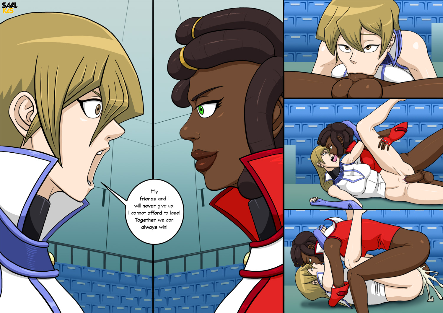 1futa, alexis rhodes, blonde hair, breasts, brown eyes, brown hair, clothed sex, cum, cum in pussy, dark skin, dark-skinned female, dark-skinned futa, deepthroat, ejaculation, english text, fellatio, female, futa with female, futanari, grabbing from behind, green eyes, huge cock, instant loss, interracial, kissing, kissing while penetrated, leg grab, leg up, long hair, lying, mating press, medium breasts, on side, open mouth, oral, original, penis, savalkas, sex, sex from behind, smile, speech bubble, spooning, tenjouin asuka, testicles, tongue, tongue out, vaginal penetration, yu-gi-oh!, yu-gi-oh! gx