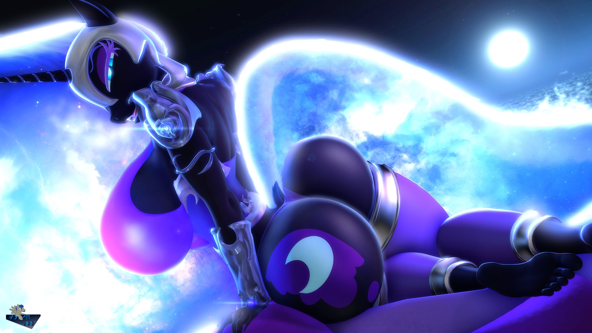 1girls, 3d, anthro, areolae, armor, ass, big ass, big breasts, black body, breasts, clothing, dark persona, female, female only, friendship is magic, furry, hooves-art, horn, looking at viewer, looking back, my little pony, nightmare moon (mlp), princess luna (mlp), smile, wide hips
