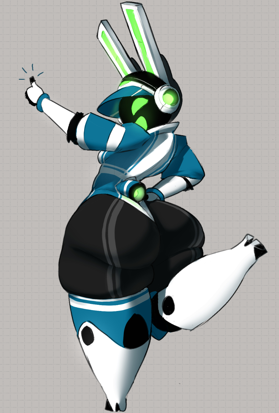2025, af42nd, anthro, artform42nd, ass, big butt, black body, blue clothing, blue hat, blue headwear, blue leotard, blue tail, clothing, colored, digital media (artwork), electronics, female, footwear, gesture, green eyes, green inner ear, green mouth, grey background, hand gesture, hand on hip, hand on own hip, hat, headgear, headphones, headset, headwear, hi res, hype ass, hyper, lagomorph, leotard, leporid, looking at viewer, looking back, looking back at viewer, machine, mammal, no pupils, open mouth, open smile, project turboblast, rabbit, rear view, robot, robot anthro, scut tail, shaded, shoes, short tail, simple background, smile, smiling at viewer, solo, tail, tempo (project turboblast), thick thighs, thumbs up, white clothing, white ears, white footwear, white shoes