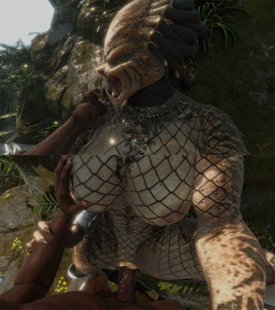 3d, anthro, braided ponytail, claws, dark-skinned male, female monster, female yautja, fishnet bodysuit, flexible, flexible female, gauntlet, gorget, grabbing another's arm, grabbing another's thighs, grabbing anothers breast, human, human penetrating humanoid, knees, lolpro2, male pov, mandibles, monster, monster girl, muscular female, predator (franchise), sharp teeth, skin pattern, standing, standing missionary, standing sex, straight, vagina, vaginal penetration, yautja