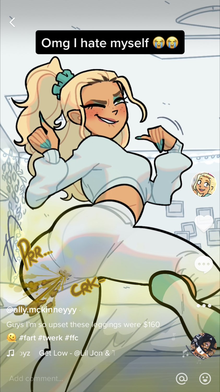 alternate version available, big ass, bubble butt, freckles, freckles on face, oc, oddtenn, pooping on self, scat, shart, sharted, shit, stain, stained clothes, tan body, tenuousoddity, tiktok overlay, tiktoker
