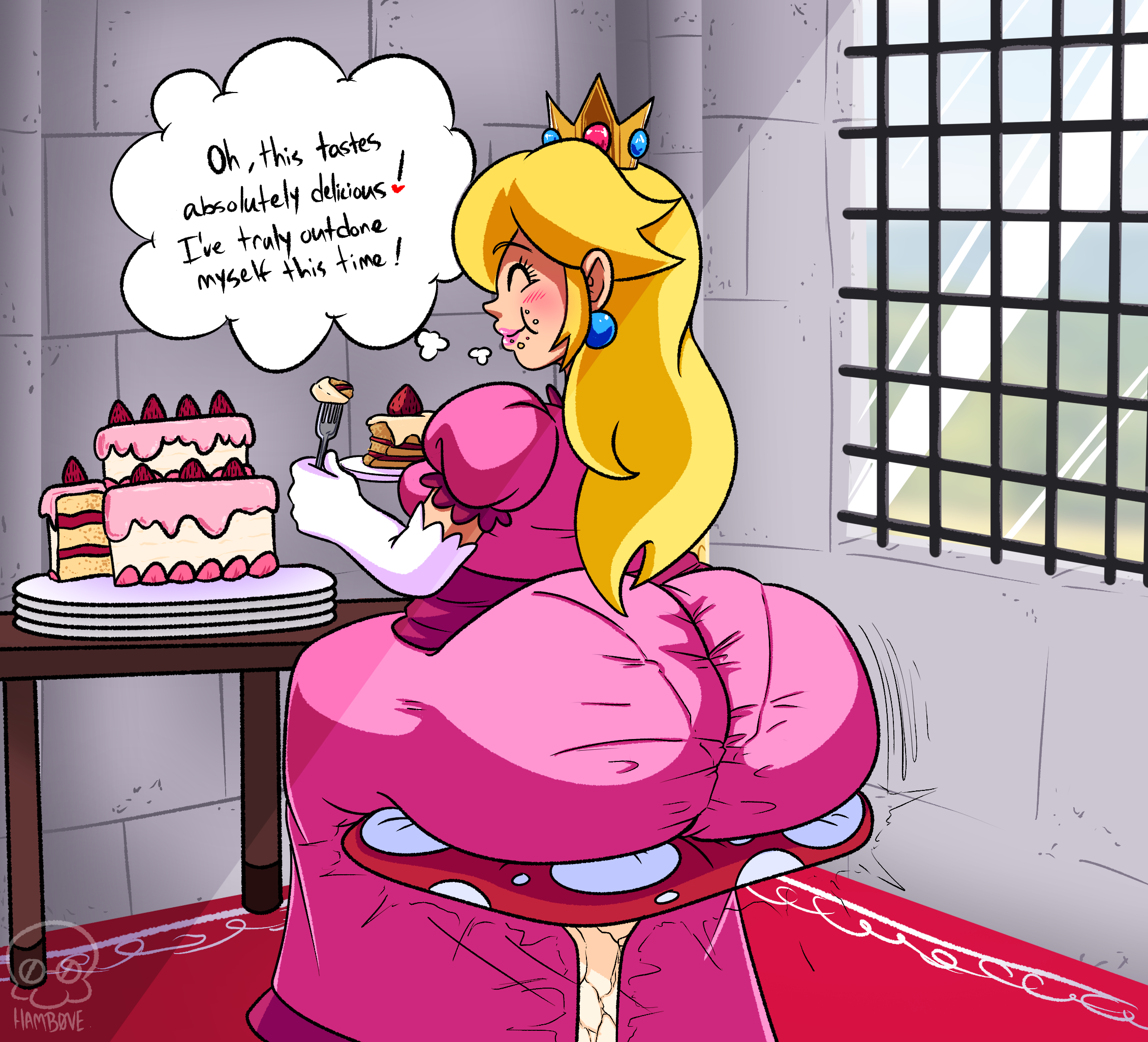 1girls, 2d (artwork), action lines, artist signature, ass, ass bigger than head, ass bigger than torso, ass focus, background, big ass, blonde hair, blush, blush lines, blushing female, breasts, cake, cake slice, caked up, chair breaking, chubby, chubby female, crown, destruction, dress, eating, female, female human, female only, food, fork, hamb0ne, huge ass, lipstick, long hair, mario (series), pantylines, princess, princess peach, sitting, sitting on chair, text, text bubble, thought bubble, window