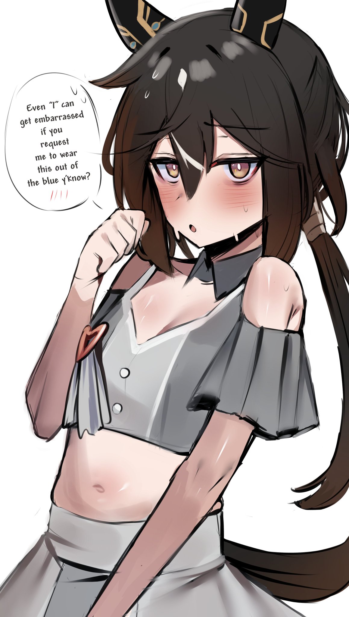 alternate costume, blush, cygames, embarrassed, english text, female, flat chest, horse ears, horse girl, iog art, stay gold (umamusume), text, text bubble, umamusume, umamusume pretty derby