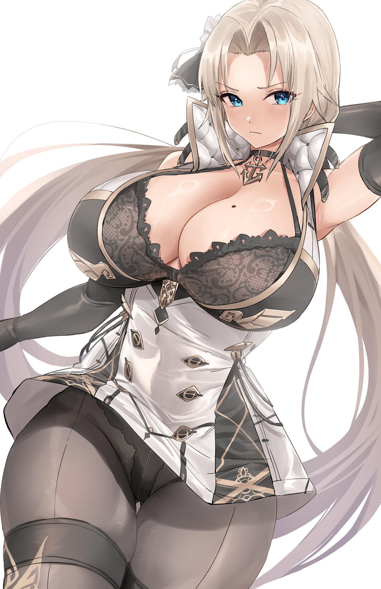 arm behind head, arm up, azur lane, black bra, black choker, black gloves, black panties, black pantyhose, blonde hair, blue eyes, blush, bra, breasts, cg, choker, cleavage, closed mouth, collarbone, dress, elbow gloves, female, gloves, hair ribbon, huge breasts, kronshtadt (azur lane), large breasts, long hair, looking at viewer, low twintails, mole, mole on breast, panties, panties under pantyhose, pantyhose, parted bangs, short dress, simple background, solo, thighband pantyhose, thighs, twintails, underwear, very long hair, white background, white dress