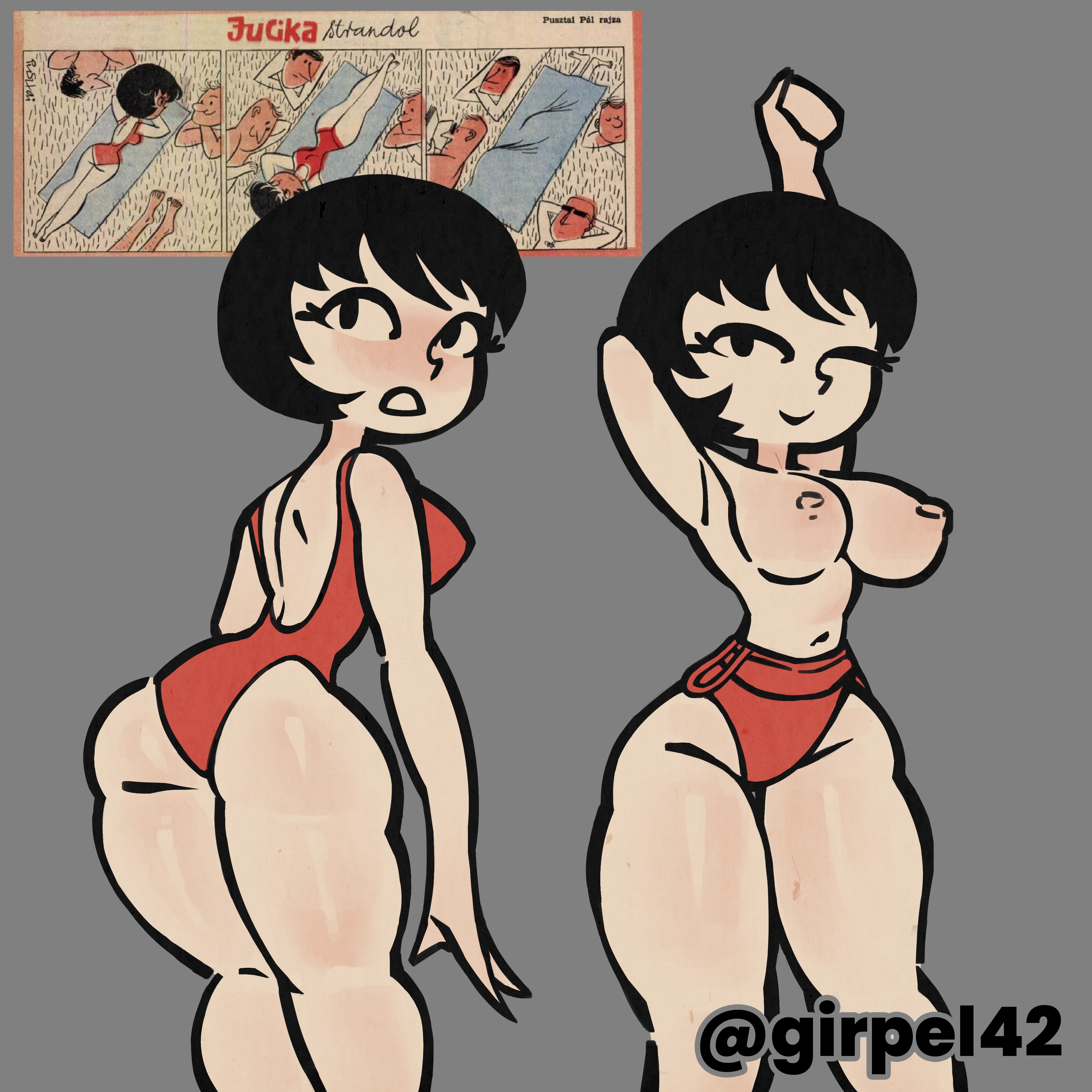 1girls, 2d, 2d (artwork), artist name, bathing suit, black hair, black hair female, black-haired female, blank background, breasts, female, girpel, gray background, jucika, jucika (comic), nipples, one eye closed, pinup, reference image, short hair, short hair female, short-haired female, slight blush, solo, solo female, swimwear, wink