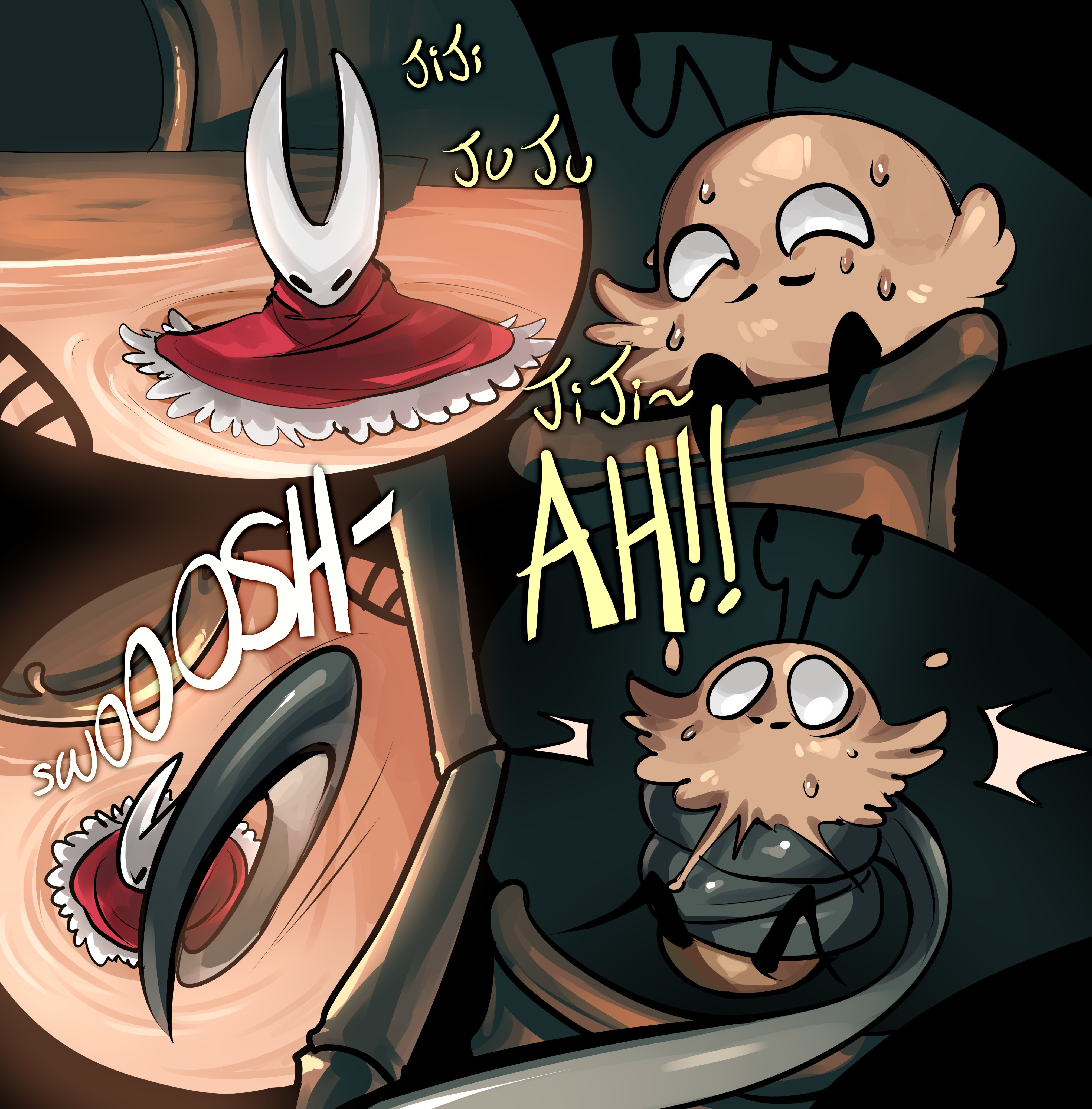 1boy, 1boy1girl, bug, bug girl, bugs, caught peeing, comic page, female, femdom, flanco, flea (hollow knight), grabbing, greyroot, hollow knight, hollow knight: silksong, hornet (hollow knight), kratt (hollow knight), laughing, male, observing, parasite, peeping, shower room, spanish, spanish dialogue, spanish text, spying, sweat, sweatdrop, sweating, sweaty body, taking a bath