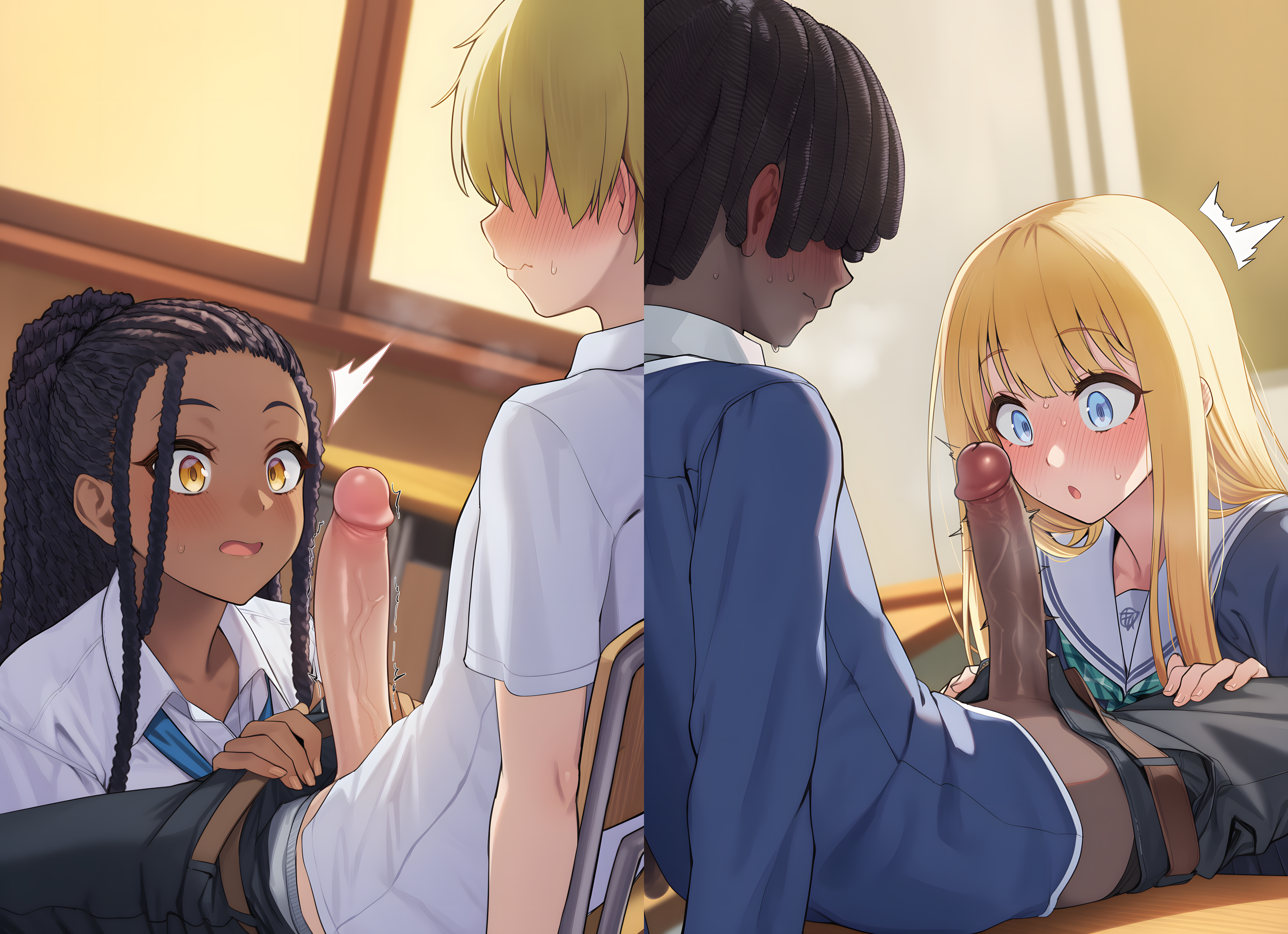 1boy, 2boys, 2girls, ai generated, belt, black hair, black pants, blonde hair, blue eyes, blue jacket, blue shirt, blush, braid, brown eyes, chair, classroom, closed mouth, clothes pull, clothing, collared shirt, dark skin, dark-skinned female, dark-skinned male, desk, dreadlocks, erection, female, hair over eyes, heavy breathing, imminent fellatio, indoors, interracial, jacket, long hair, looking at penis, male, multiple females, multiple girls, neckerchief, necktie, nose blush, on chair, open mouth, pants, pants pull, penis, penis awe, penis out, ponytail, precum, sailor collar, school chair, school desk, school uniform, serafuku, shaddai, shirt, short hair, short sleeves, sitting, straight, surprised, sweat, trembling, twitching penis, uniform, very dark skin, white shirt, wide-eyed, window, yellow eyes