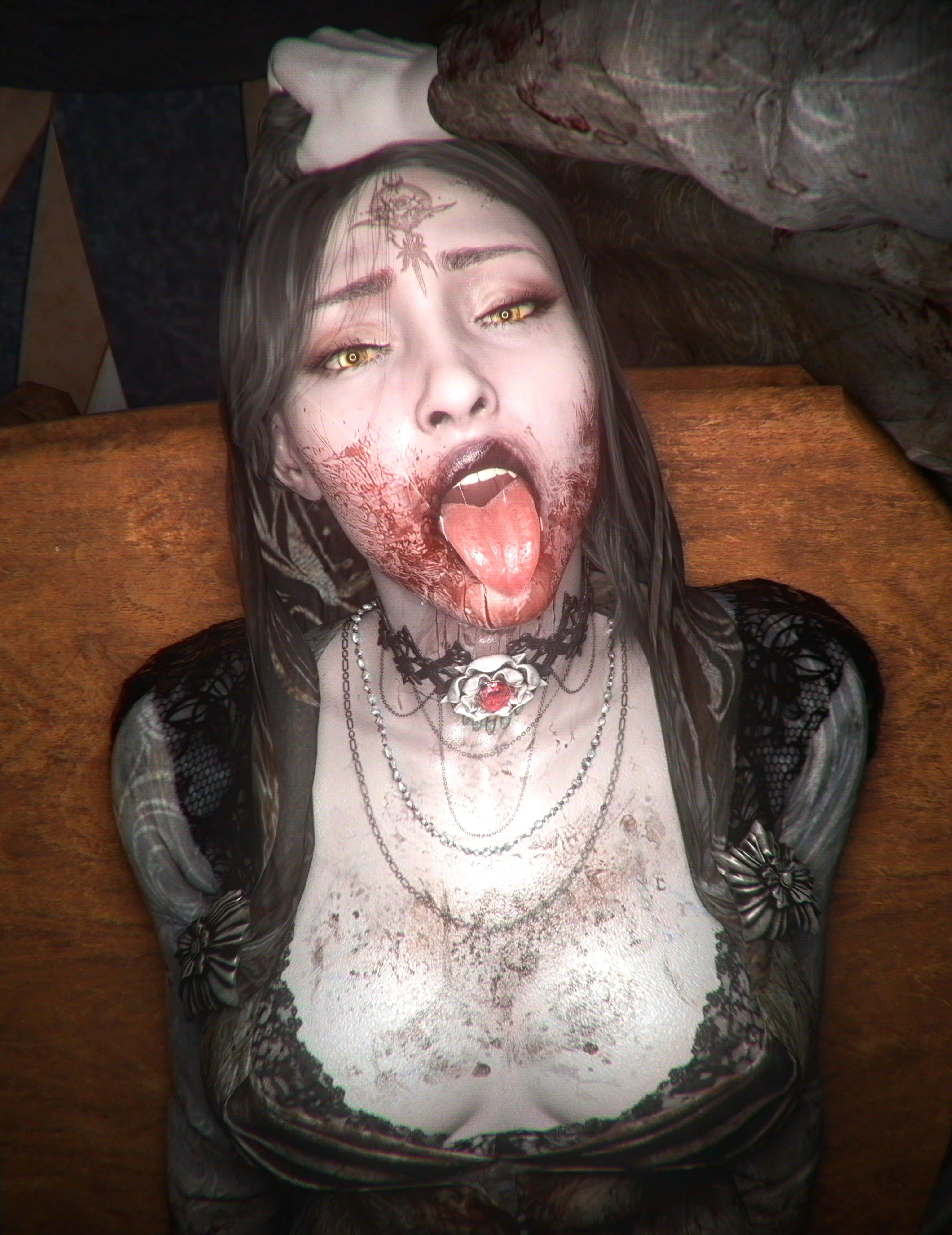 3d, aheagao, amber eyes, bela (resident evil), black hair, blood on body, blood on face, capcom, cassandra (resident evil), checkpik, cleavage, female, hand on head, looking at viewer, open mouth, pale skin, pale-skinned female, pov, render, resident evil, resident evil 8: village, saliva, saliva string, saliva trail, smirking, solo focus, tagme, tired, tongue, tongue out, vampire, vampire girl, yellow eyes