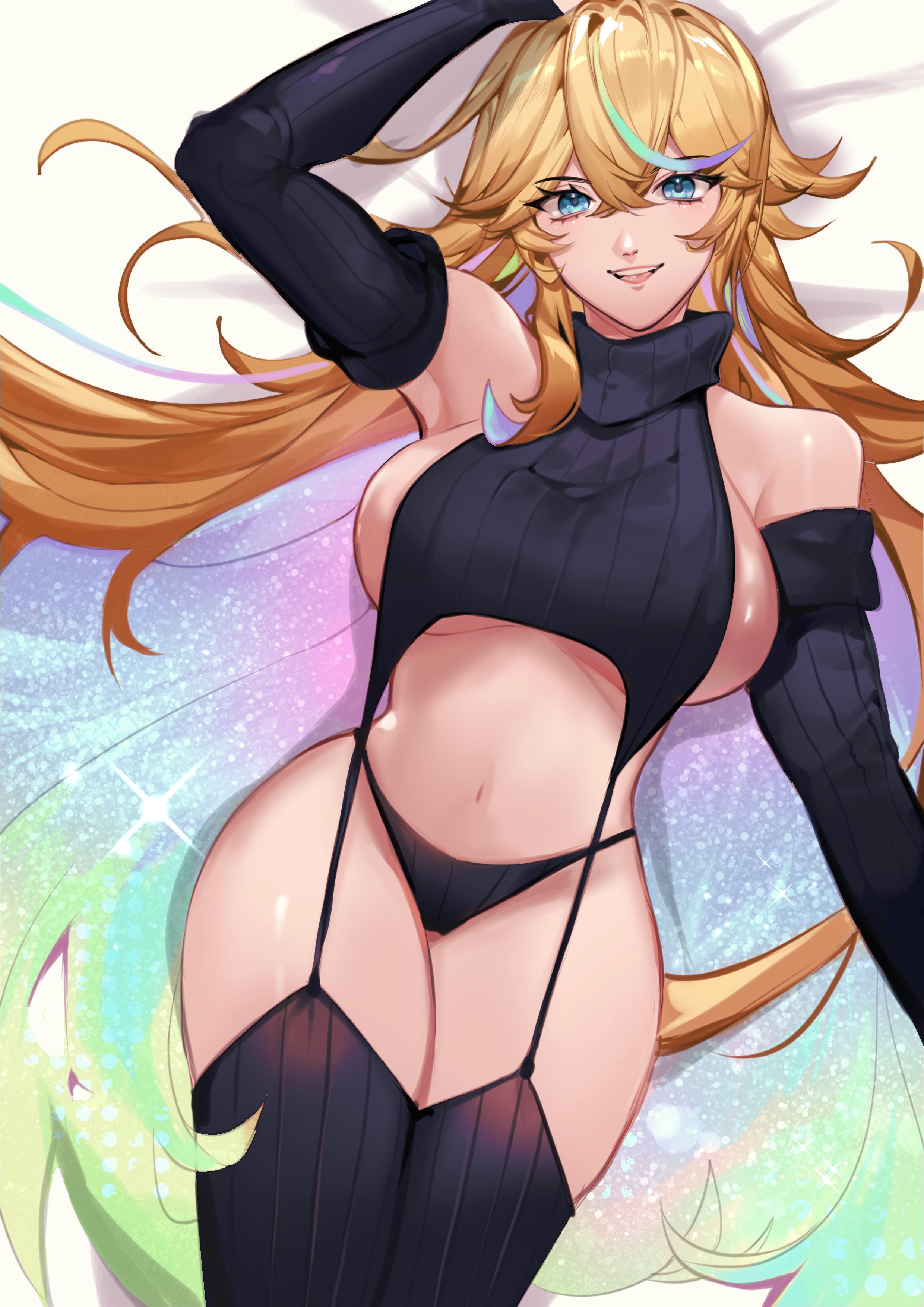 1girls, arielle (vtuber), armpits, big breasts, black sweater, blonde hair, blue eyes, breasts, female, gloves, heart ahoge, huge breasts, indie virtual youtuber, large breasts, massive breasts, panties, rainbow hair, sideboob, sunglasses, thighhighs, underboob, virgin killer sweater, virtual youtuber, vt tai, vtuber