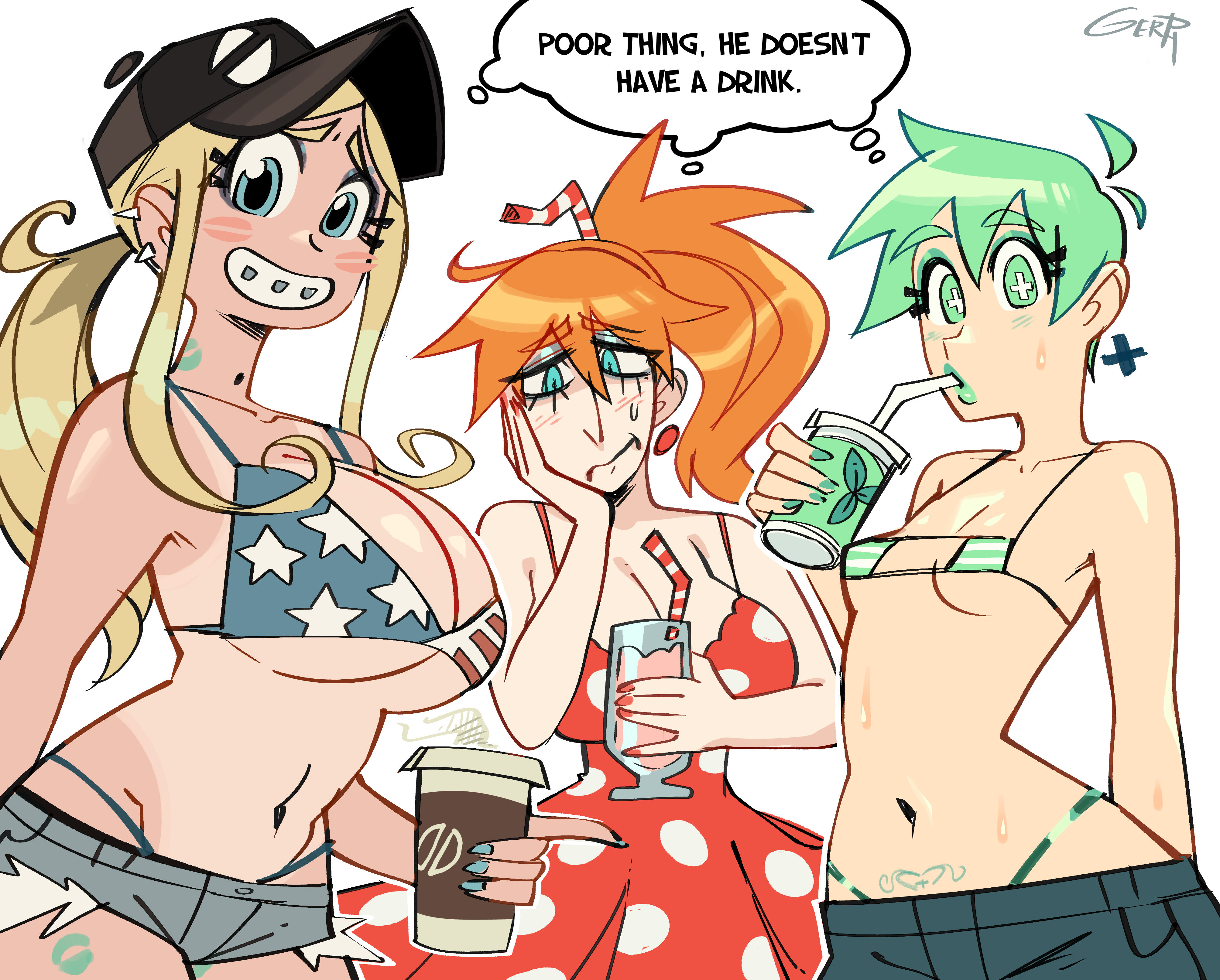3girls, american flag bikini, bean mouth, bean smile, big breasts, bikini, blonde hair, blue eyes, braces, breasts, dress, english text, female, female only, frappe (gerph), gerph, green eyes, green hair, light skin, light-skinned female, long hair, millie (gerph), mint (skarp world), orange hair, ponytail, skarp world, small breasts, teeth