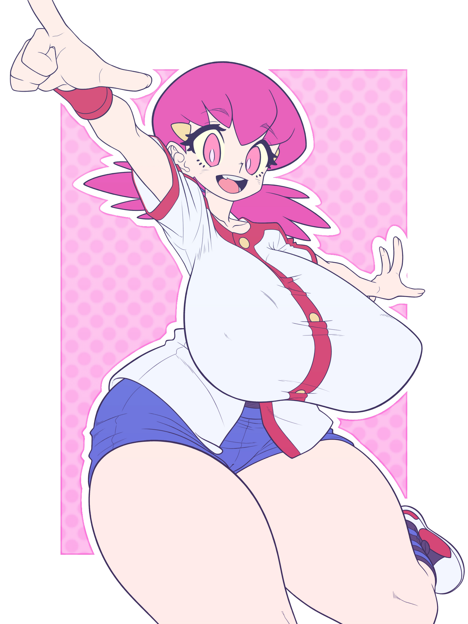 1girls, big breasts, breasts, female, gym leader, huge breasts, huge thighs, human, kaikoinu, large breasts, light skin, light-skinned female, minishorts, nintendo, pale skin, pale-skinned female, pink eyes, pink hair, pokemon, pokemon gsc, shoes, shorts, sneakers, thick thighs, thighs, voluptuous, whitney (pokemon), wide hips