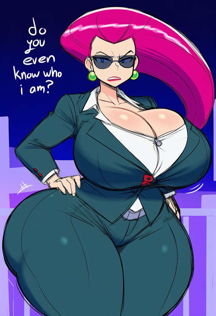 ai generated, ass, booty, breasts, disgusted, female, gigantic ass, gigantic breasts, hips, huge ass, huge breasts, jessie (pokemon), lubbasdump, massive ass, office clothing, office lady, pokemon, red hair, shades, wide hips