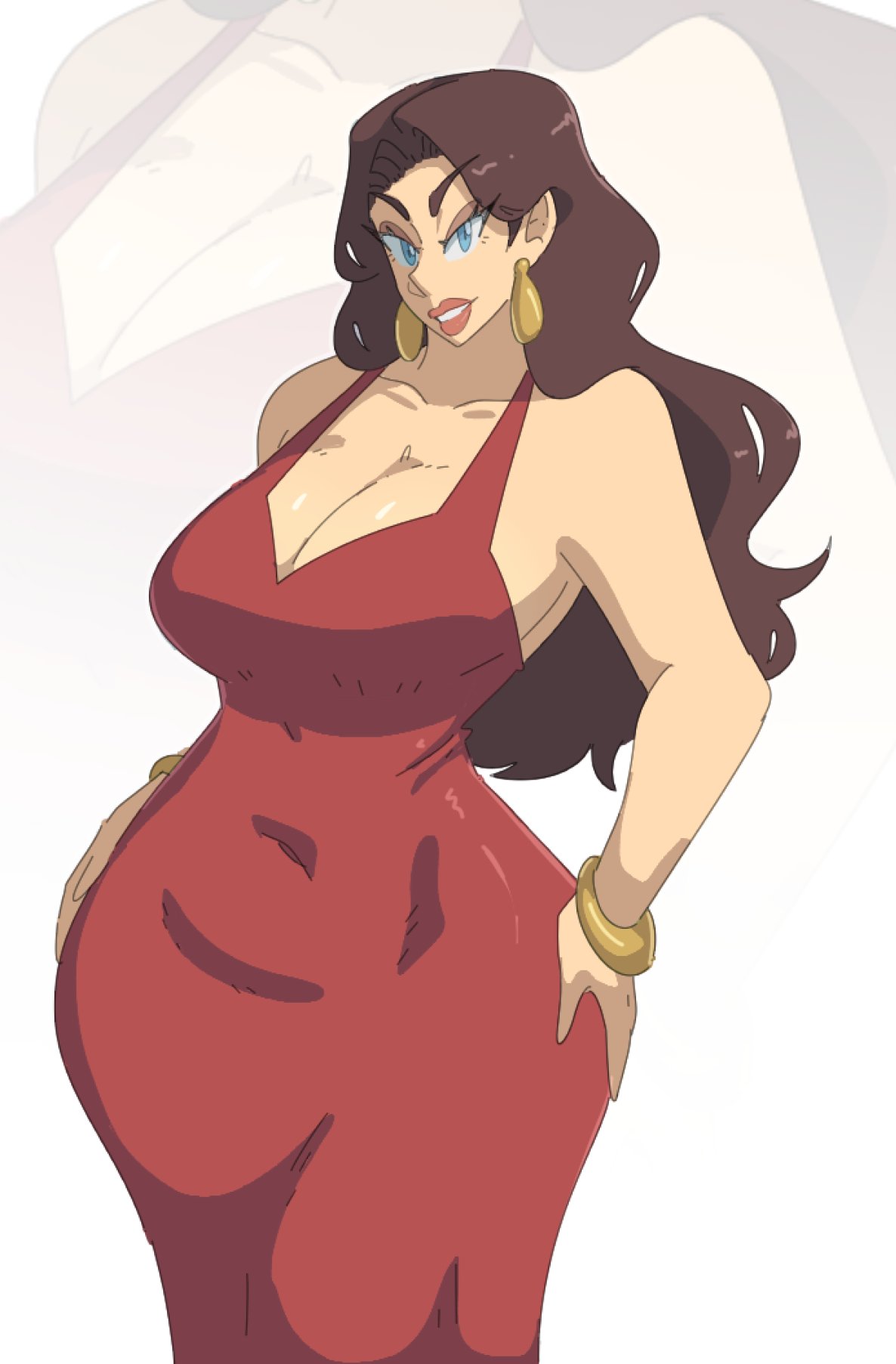 1girls, ass, bare shoulders, blue eyes, bracelet, bracelets, breasts, brown hair, cleavage, covered navel, dress, earrings, female, gold bracelet, gold bracelets, large breasts, leedraw11, lips, lipstick, long dress, long hair, looking at viewer, mario (series), nintendo, pauline, red dress, solo, solo female, solo focus, thick thighs, thighs