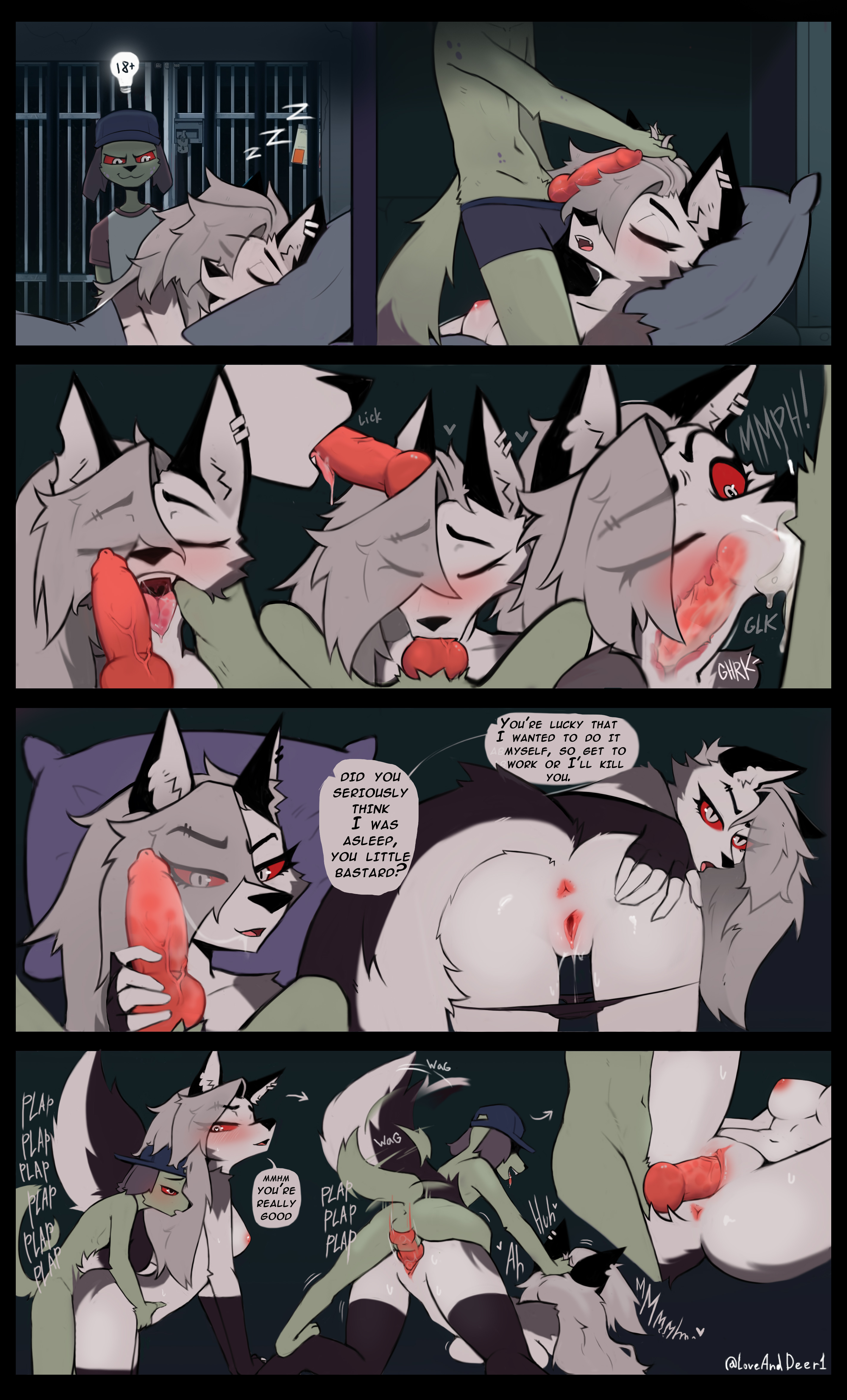 1boy, 1girls, 2025, age difference, all the way to the base, anthro, anthro female, anthro male, anthro on anthro, anthro only, anthro penetrated, anthro penetrating, anthro penetrating anthro, balls, balls deep, balls deep fellatio, bigger female, canid, canine, canis, cap, cap only, comic, comic page, completely naked, completely naked anthro, completely naked female, completely nude, completely nude anthro, completely nude female, cub, cum, cum in mouth, dialogue, dog boy, doggy style, domestic dog, english, english text, enjoying rape, eyebrows, eyebrows visible through hair, eyelashes, eyelashes visible through hair, fellatio, female, female focus, female penetrated, from behind, fur, furry, furry ears, furry female, furry male, furry only, furry tail, hand on head, hat, hat only, hazbin hotel, hellaverse, helluva boss, horny, jail, knot, knotting, larger female, larger penetrated, long socks, loona (helluva boss), loveanddeer1, lying on floor, lying on ground, male, male cub, male penetrating, male penetrating female, male/female, missionary position, naked, naked anthro, naked female, nude, nude anthro, nude female, older female, older female and younger male, older penetrated, open mouth, oral, oral knotting, penis, penis in pussy, penis on face, pussy, red eyes, red sclera, sex, showing ass, showing pussy, side view, size difference, sleep sex, sleeping, smaller male, smaller penetrating, smaller penetrating bigger, smile, somnophilia, speech bubble, stockings, stockings only, sucking, text, the hellhound kid, tongue out, url, vaginal penetration, white eyes, white fur, wolf, wolf girl, wolf tail, young, young anthro, young male, younger male, younger penetrating, younger penetrating older