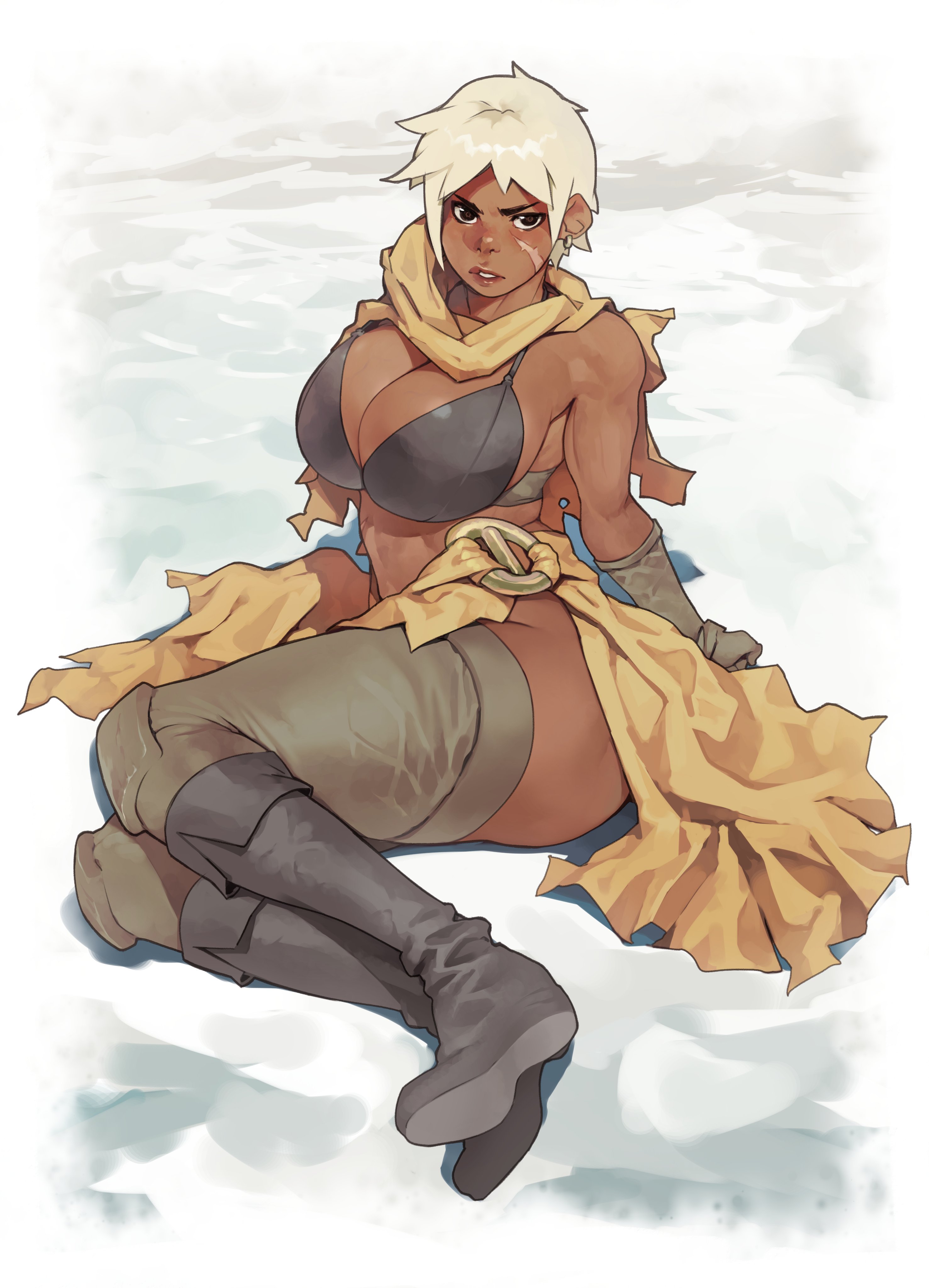 1girls, absurd res, big breasts, bikini top, black eyes, boots, breasts, dark skin, dark-skinned female, female, female only, legwear, looking at viewer, norasuko, original, ramona (norasuko), scar, scar on cheek, scar on face, sitting, sitting on ground, solo, thick thighs, white hair