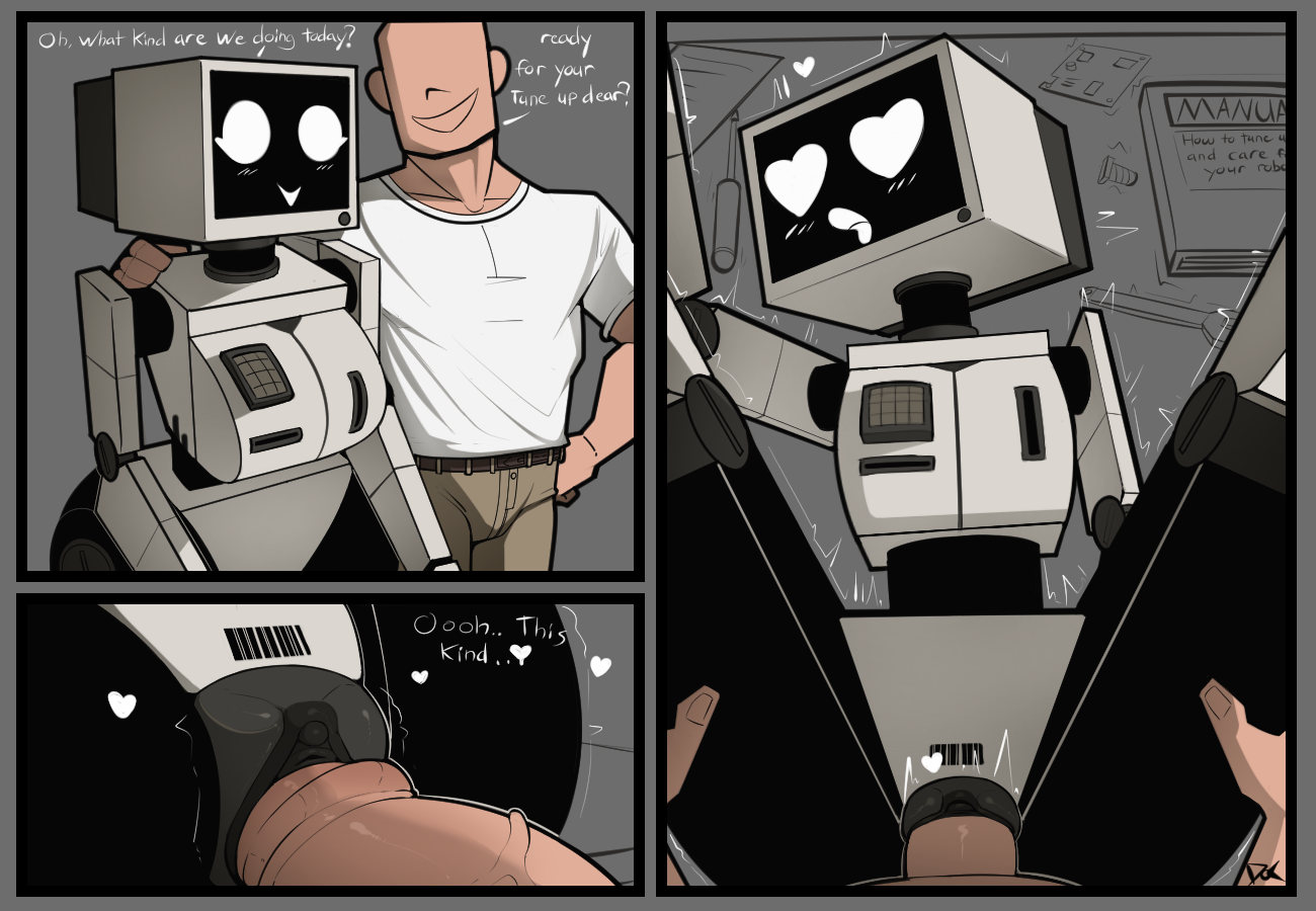 2025, barcode, barcode tattoo, barcode womb tattoo, belt, comic panel, digital media (artwork), duo, duo focus, english text, female, fembot, heart eyes, heart symbol, human, humanoid, male, male human/female humanoid, male human/female robot, male penetrating, male penetrating female, male/female, missionary, missionary position, missionary sex, mrdoccon, pussy, robot, robot girl, robot humanoid, robotic arm, robotic legs, robotic limbs, screen face, sex, signature, simple background, simple shading, tan pants, tan skin, text, tremble spikes, trembling, tv head, vaginal insertion, vaginal penetration, vaginal sex, white body, white eyes, white shirt