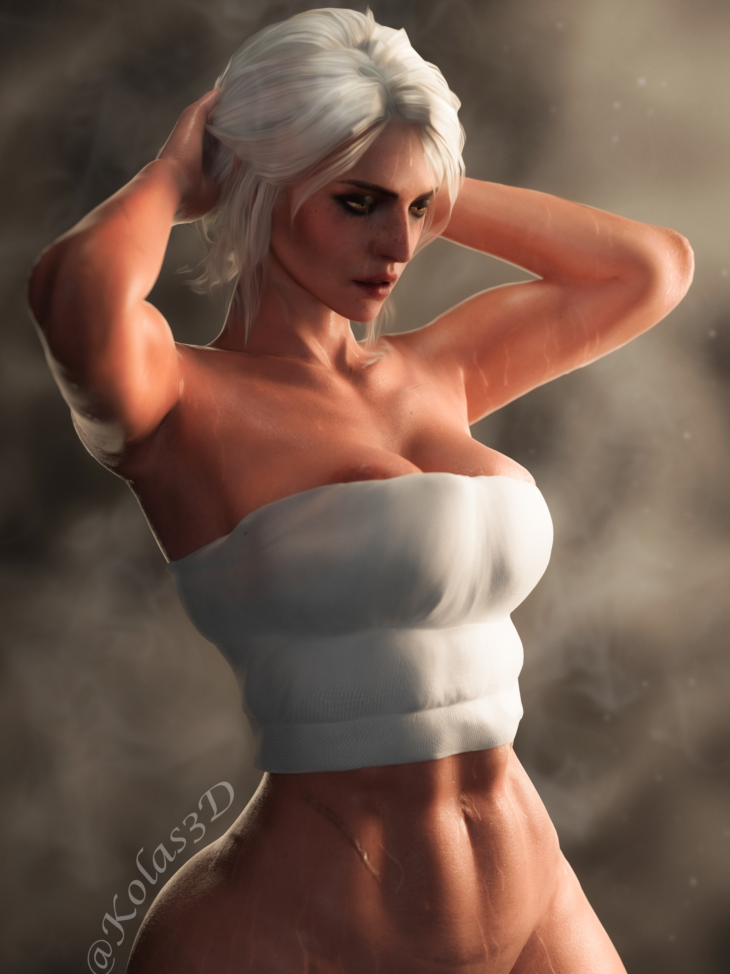 3d, armpits, breasts, cd projekt red, ciri, female, freckles, green eyes, kolas3d, mascara, nipples, no panties, scar, solo, solo female, the witcher (series), the witcher 3: wild hunt, wet body, white hair