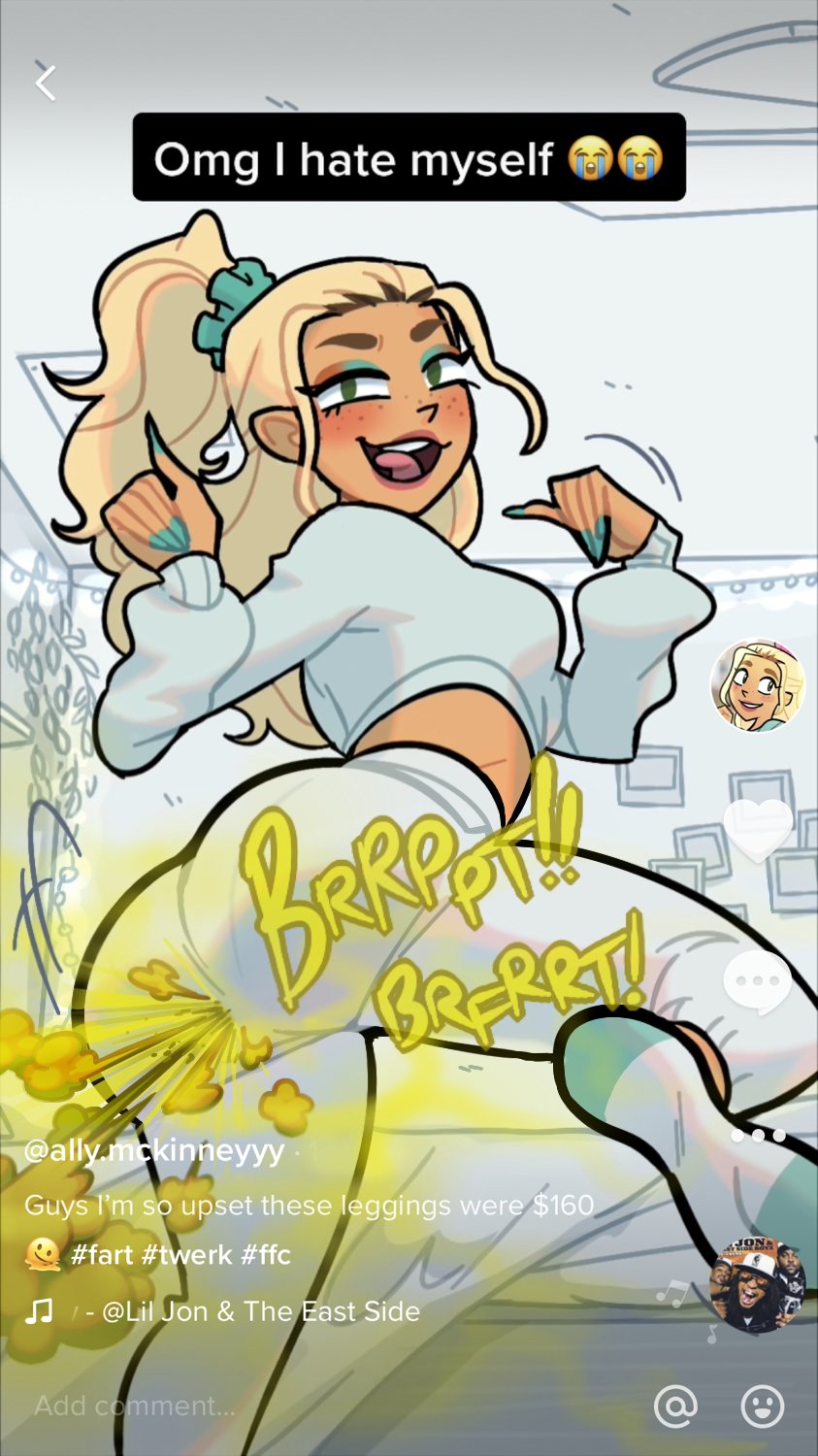 alternate version available, big ass, bubble butt, fart, fart cloud, fart fetish, farting, female, freckles, freckles on face, leggings, oc, oddtenn, tan body, tenuousoddity, tiktok overlay, tiktoker, yoga pants