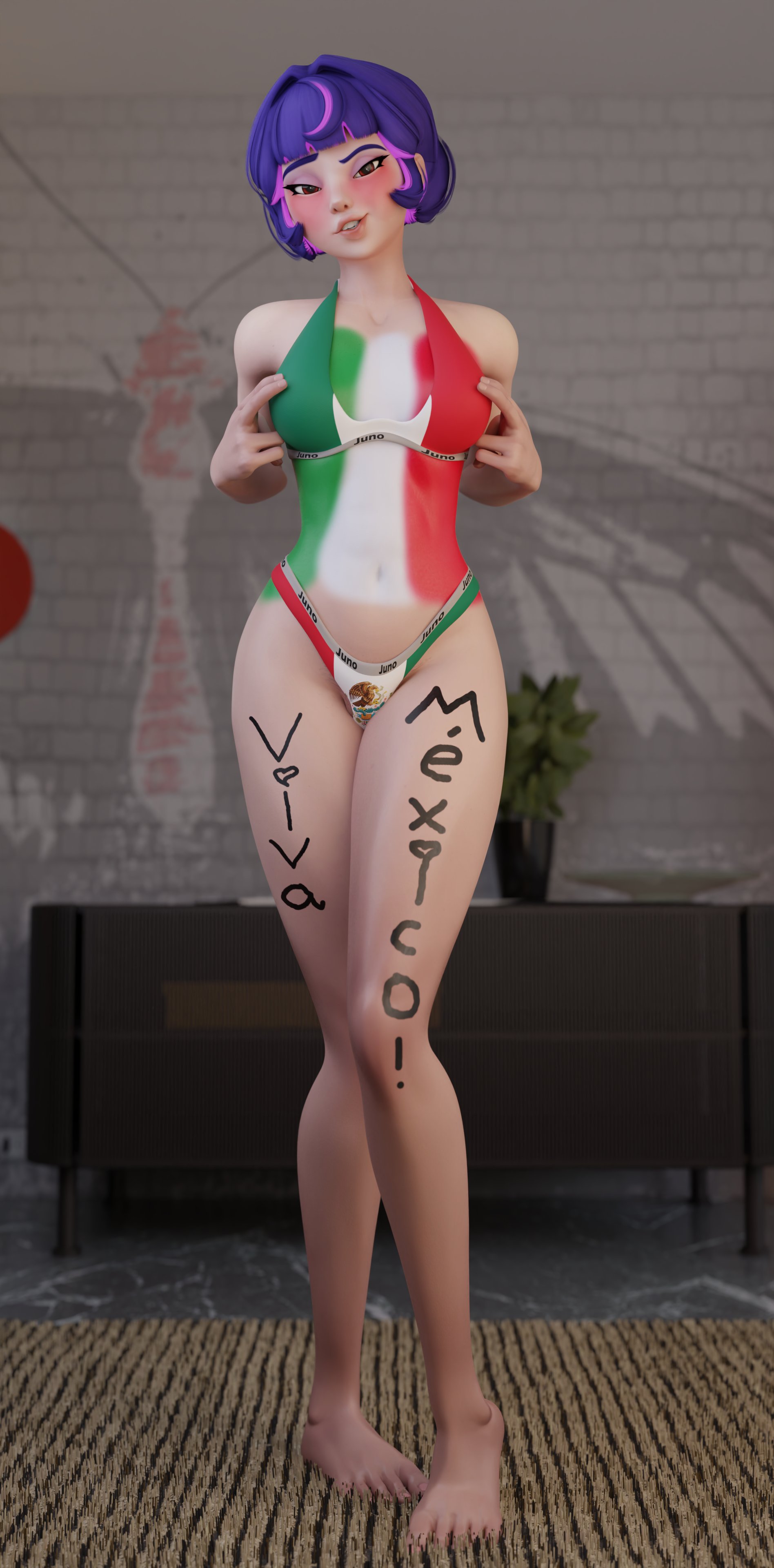 2025, 3d, biting lip, blush, blushing, body paint, bra, branded, bronzed, dia de la independencia de mexico, holidays, juno (overwatch), looking at viewer, mexican flag, mexican flag bikini, nishikt, overwatch, overwatch 2, panties, seductive look, seductive smile, writing on body, writing on skin