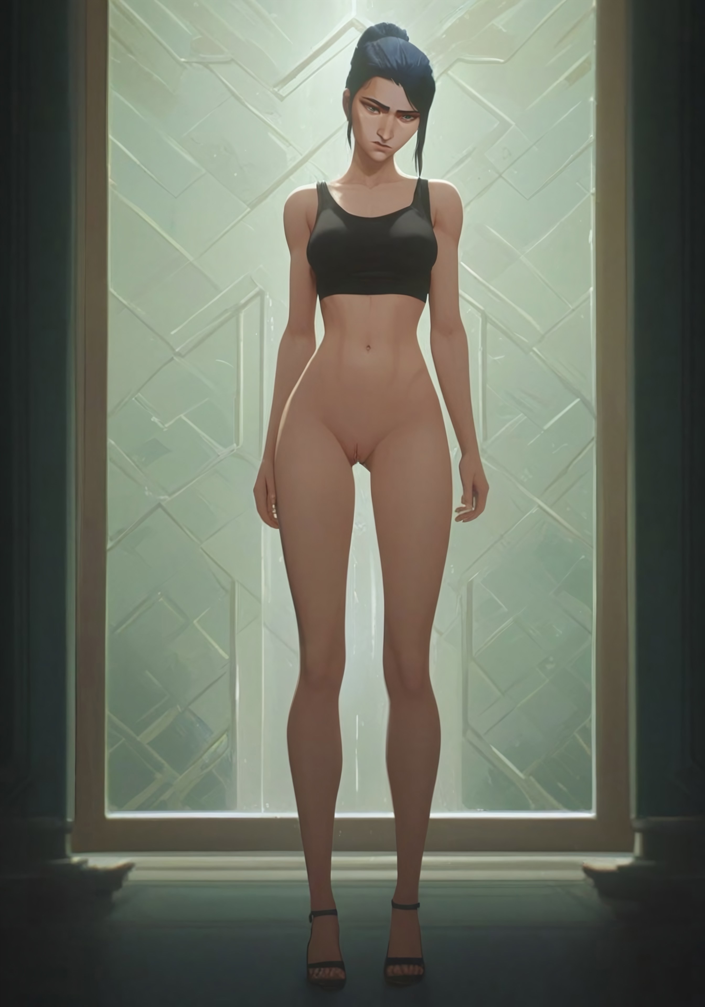 ai generated, arcane, blue hair, caitlyn kiramman, female, full body, league of legends, netflix, nude, posing, pussy, slim, standing, vagina