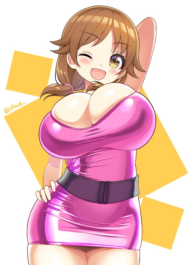 big breasts, breasts, brown hair, cute, female, hands on hips, open mouth, pigtails, shuz (dodidu), thick thighs, thighs, thin waist, tight clothing, yellow eyes