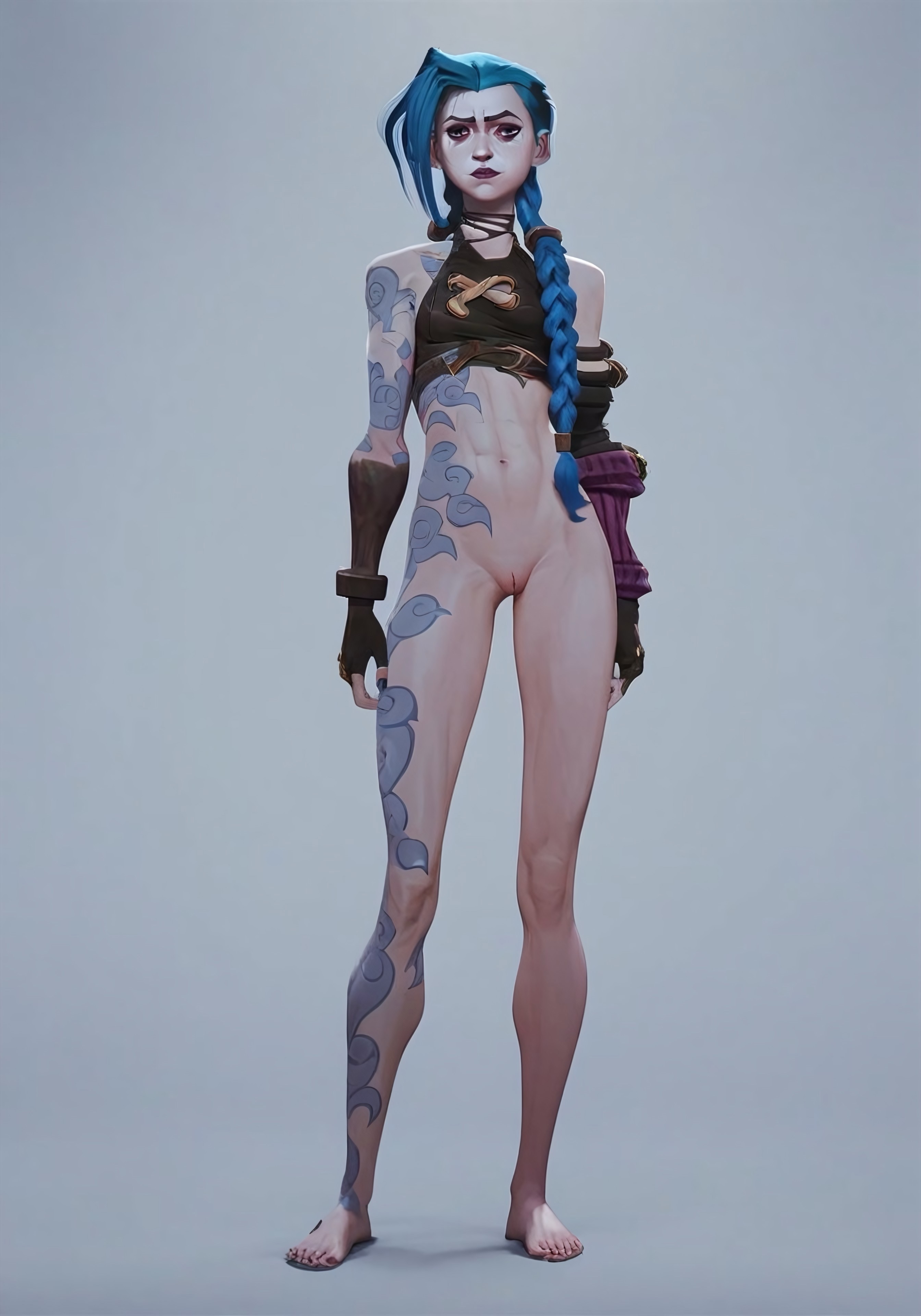 ai generated, arcane, blue hair, female, full body, jinx (league of legends), league of legends, netflix, nude, posing, pussy, standing, twin braids, vagina