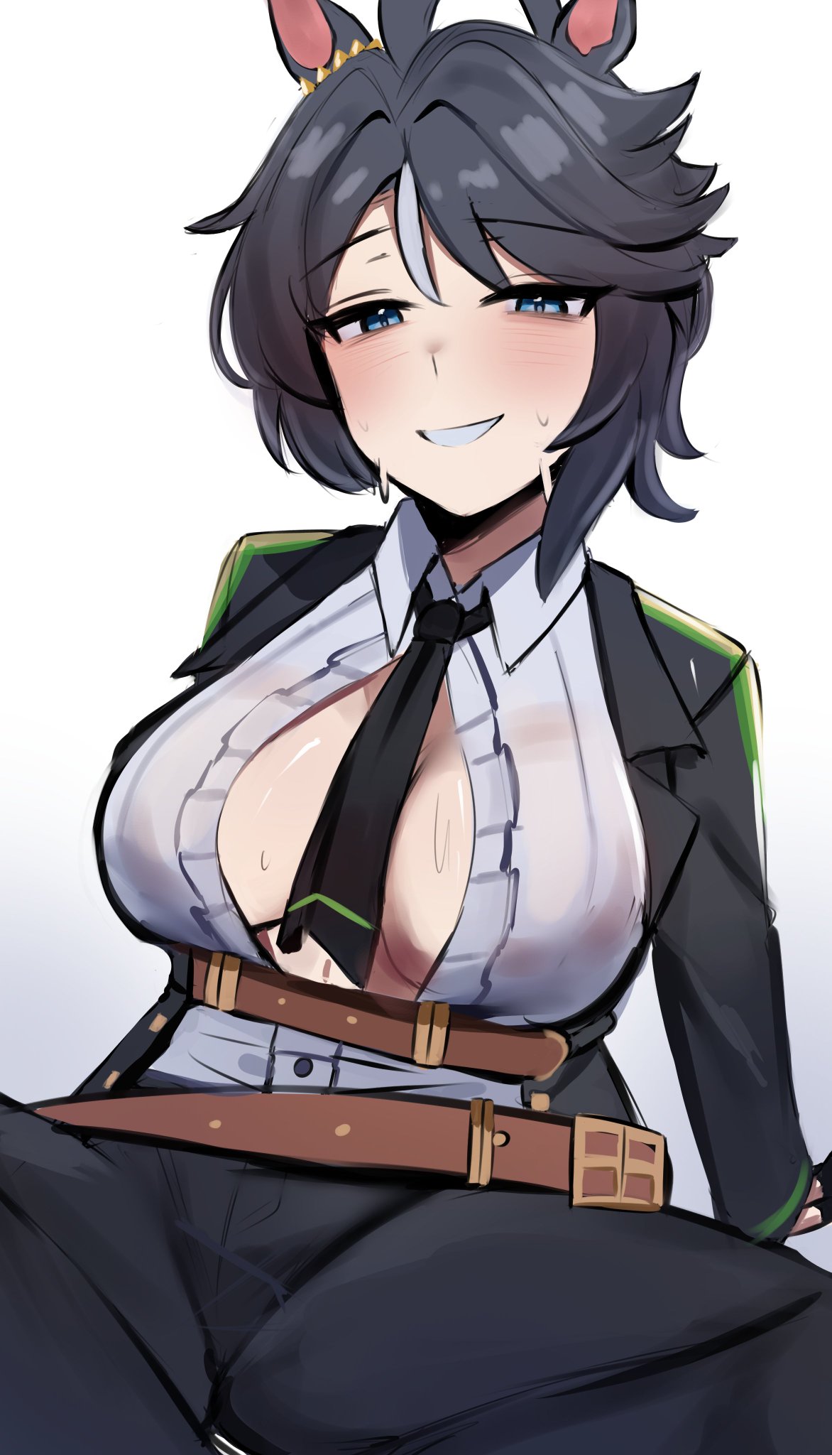 1girls, animal ears, belt, belt buckle, black hair, blue eyes, boob window, breasts, female, female focus, female only, fuji kiseki (shooting star revue) (umamusume), fuji kiseki (umamusume), horse ears, horse girl, iog art, iog626, looking at viewer, short hair, suit, suit and tie, sweat, sweatdrop, sweating, tie, tomboy, umamusume, unbuttoned shirt
