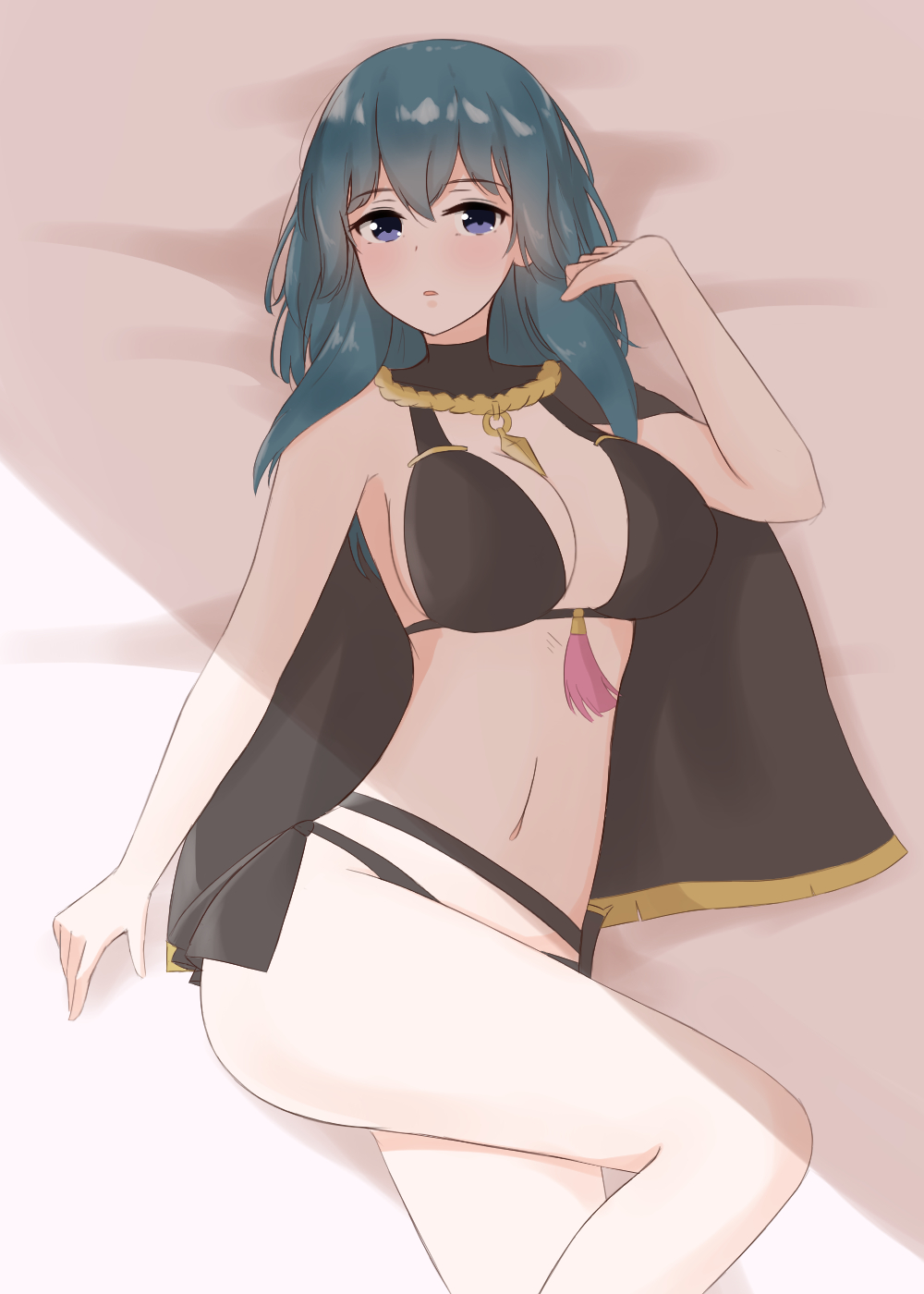 1girls ass bare_legs bikini black_bikini black_swimsuit blue_eyes byleth_(fire_emblem) byleth_(fire_emblem)_(female) byleth_(summer)_(fire_emblem)_(female) cape chiru female fire_emblem fire_emblem:_three_houses fire_emblem_heroes large_breasts looking_at_viewer midriff nintendo solo swimsuit teal_hair thick_thighs thighs