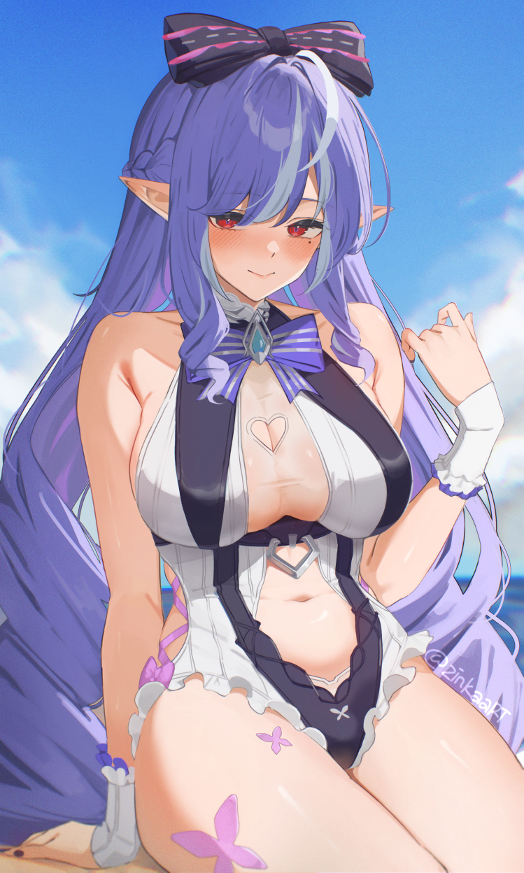 1girl, 1girls, blue sky, blush, bow, bowtie, breasts, closed mouth, clothing cutout, commentary, day, drill hair, exposed breasts, female, frilled wrist cuffs, frills, heart cutout, highres, hoyoverse, large breasts, legs, long hair, looking at viewer, mihoyo, mole, mole under eye, ocean, official alternate costume, one-piece swimsuit, pointy ears, purple bow, purple bowtie, purple hair, red eyes, sitting, sky, smile, solo, stomach cutout, swimsuit, symbol-only commentary, two-tone one-piece swimsuit, vivian banshee, vivian banshee (iris of the shore), white one-piece swimsuit, white swimsuit, wrist cuffs, zenless zone zero, zinkaa