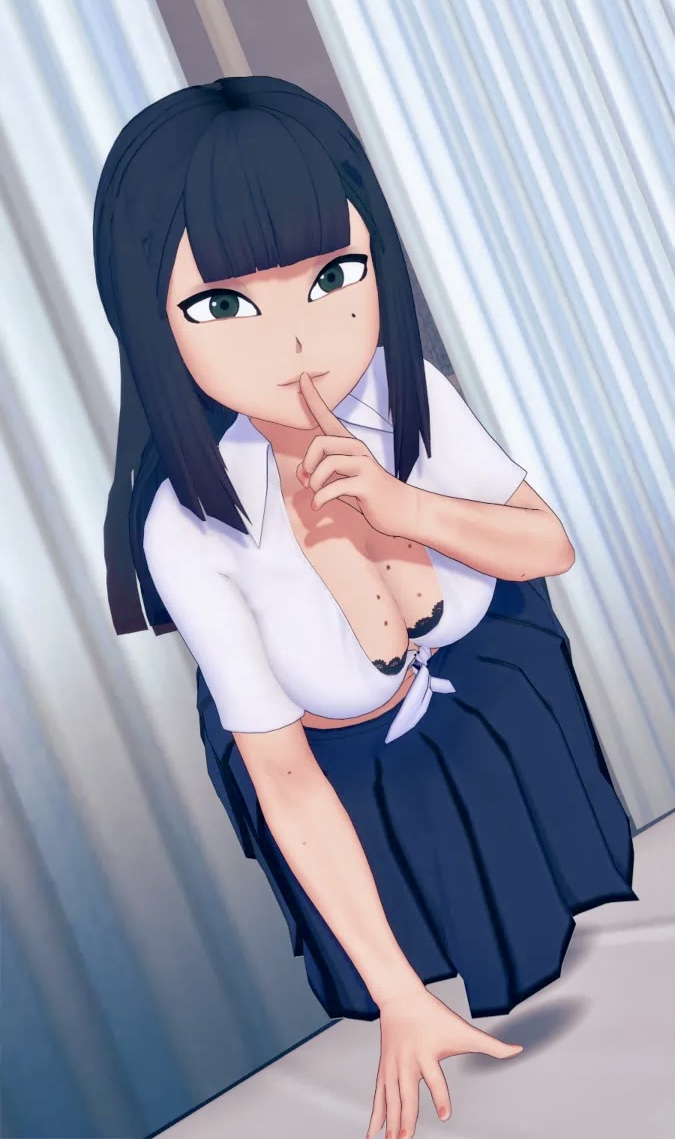 1girls, 3d, bangs, cleavage, diana the human, finger to mouth, leaning forward, meru (merunyaa), merunyaa, mole, moles, school uniform, skirt, skuddbutt, tagme