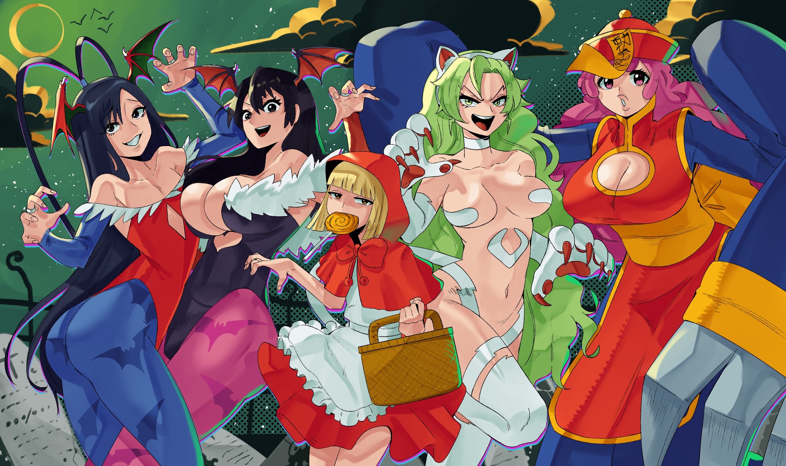 1boy, 4girls, animal print, ass, baby bonnie hood (cosplay), bambietta basterbine, basket, bat print, big ass, big breasts, black eyes, black hair, black leotard, bleach, blonde hair, breasts, brown eyes, candice catnipp, cat paws, catgirl, cleavage, cosplay, darkstalkers, fake animal ears, felicia (darkstalkers) (cosplay), female, femboy, giselle gewelle, green eyes, green hair, halloween, hat, head wings, hsien ko (cosplay), large breasts, leotard, lilith aensland (cosplay), liltotto lamperd, lollipop, long hair, male, meninas mcallon, moon, morrigan aensland (cosplay), multiple females, multiple girls, open mouth, paws, pink eyes, pink hair, red leotard, short hair, smile, tombstone, wanderjegson, wings