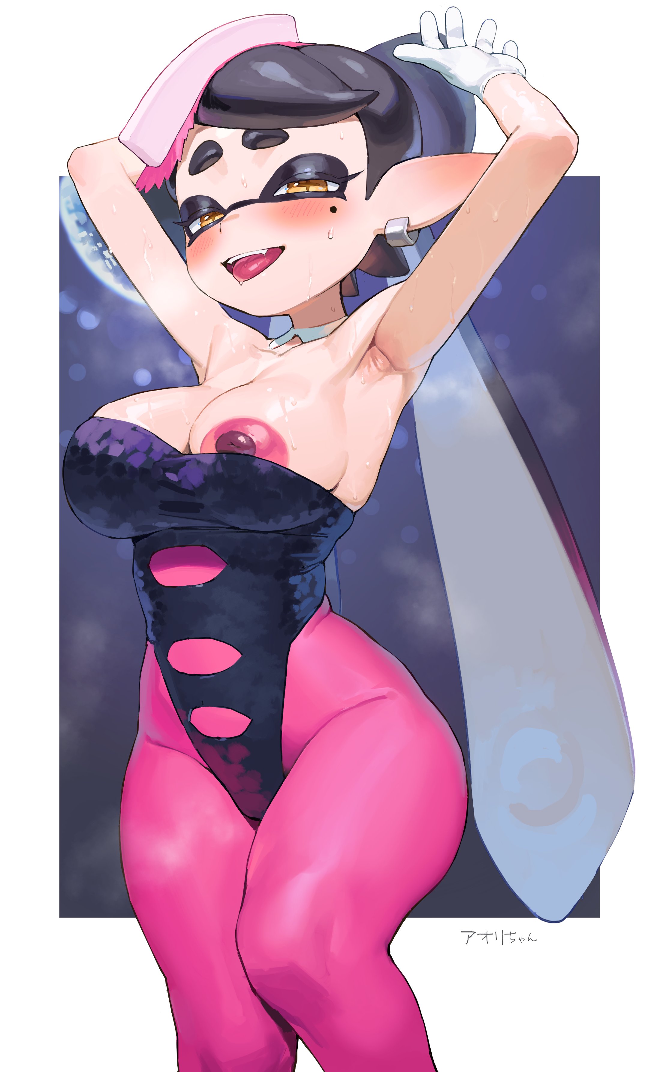 1girls, agent 1 (splatoon), areolae, armpits, big breasts, black hair, blush, breasts, callie (splatoon), dress, ear piercing, earrings, exposed breasts, female, female only, frikulu, hair, half-closed eyes, hands behind head, headwear, hips, inkling, inkling girl, leggings, legwear, mole, mole under eye, nintendo, nipples, one breast out, pantyhose, pink areola, pink leggings, pink nipples, pointy ears, solo, solo female, splatoon, splatoon (series), splatoon 2, splatoon 3, sweat, sweatdrop, tentacle hair, tongue, tongue out, twintails, yellow eyes