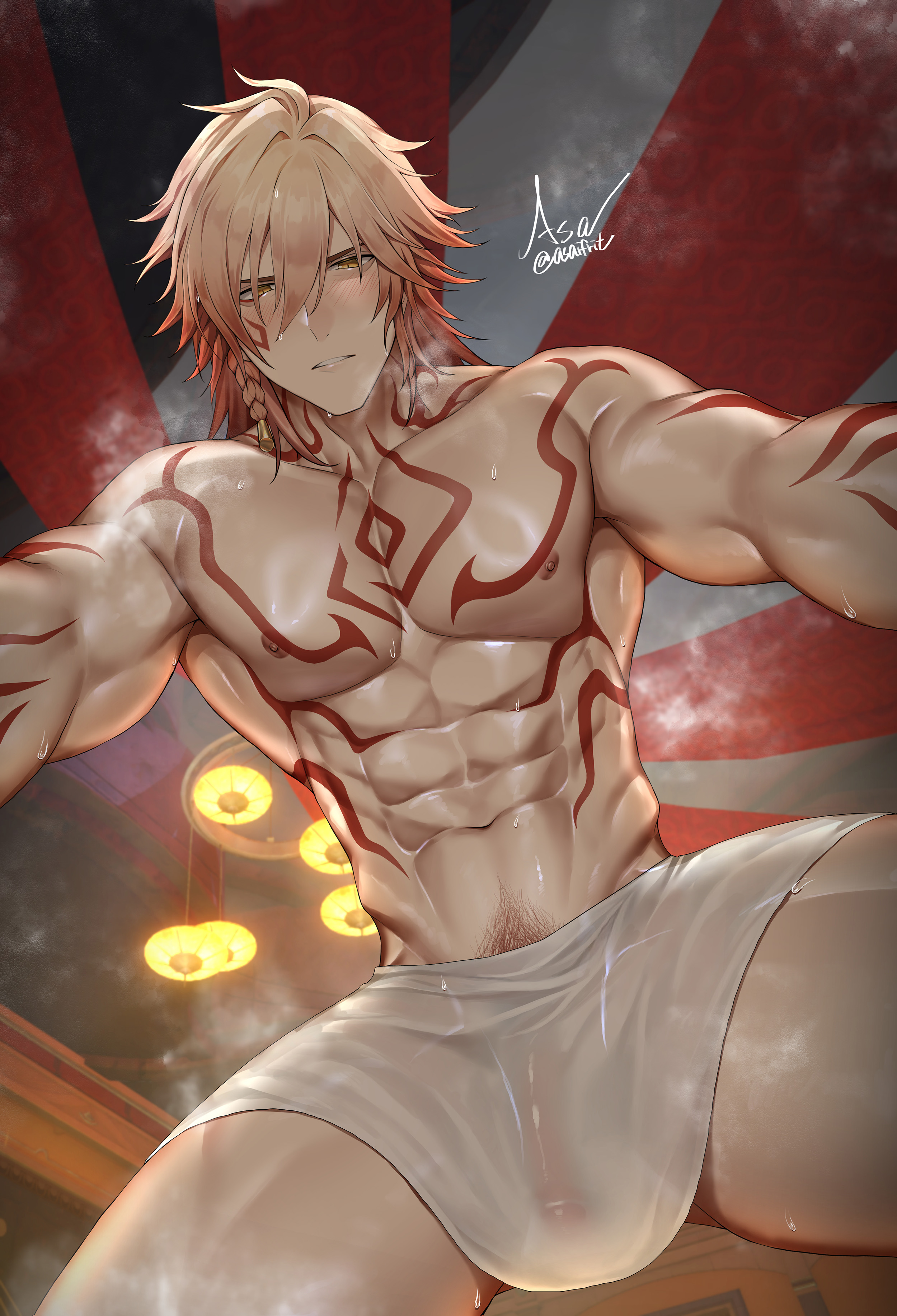 1boy, abs, absurdres, arm tattoo, asaifrit, blonde hair, chest tattoo, facial tattoo, gradient hair, hair between eyes, highres, honkai (series), honkai: star rail, male, male focus, male only, multicolored hair, muscular, muscular male, mydei (honkai: star rail), navel, nipples, orange hair, pubic hair, red tattoo, solo, solo male, stomach, sweat, tagme, tattoo, towel, towel around waist, wet, yellow eyes