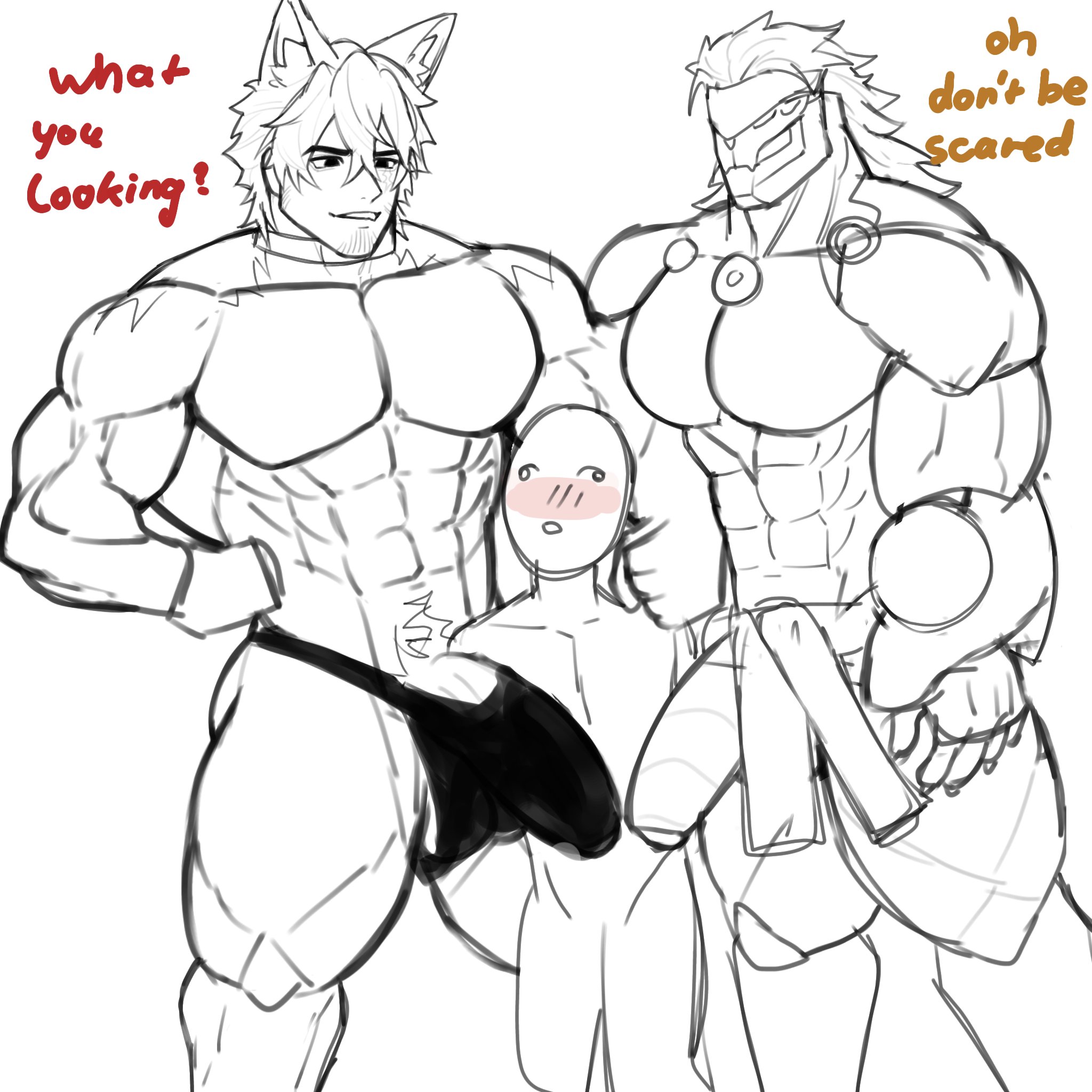3boys, apzapuru, banyue (zenless zone zero), bara, blush, boner, bulge, english, english dialogue, english language, english text, erection, erection under clothes, erection under clothing, gay, human, human male, humanoid, komano manato, male, male only, monochrome, muscular, muscular anthro, muscular male, no color, penis, pubic hair, robot, robot boy, yaoi, zenless zone zero