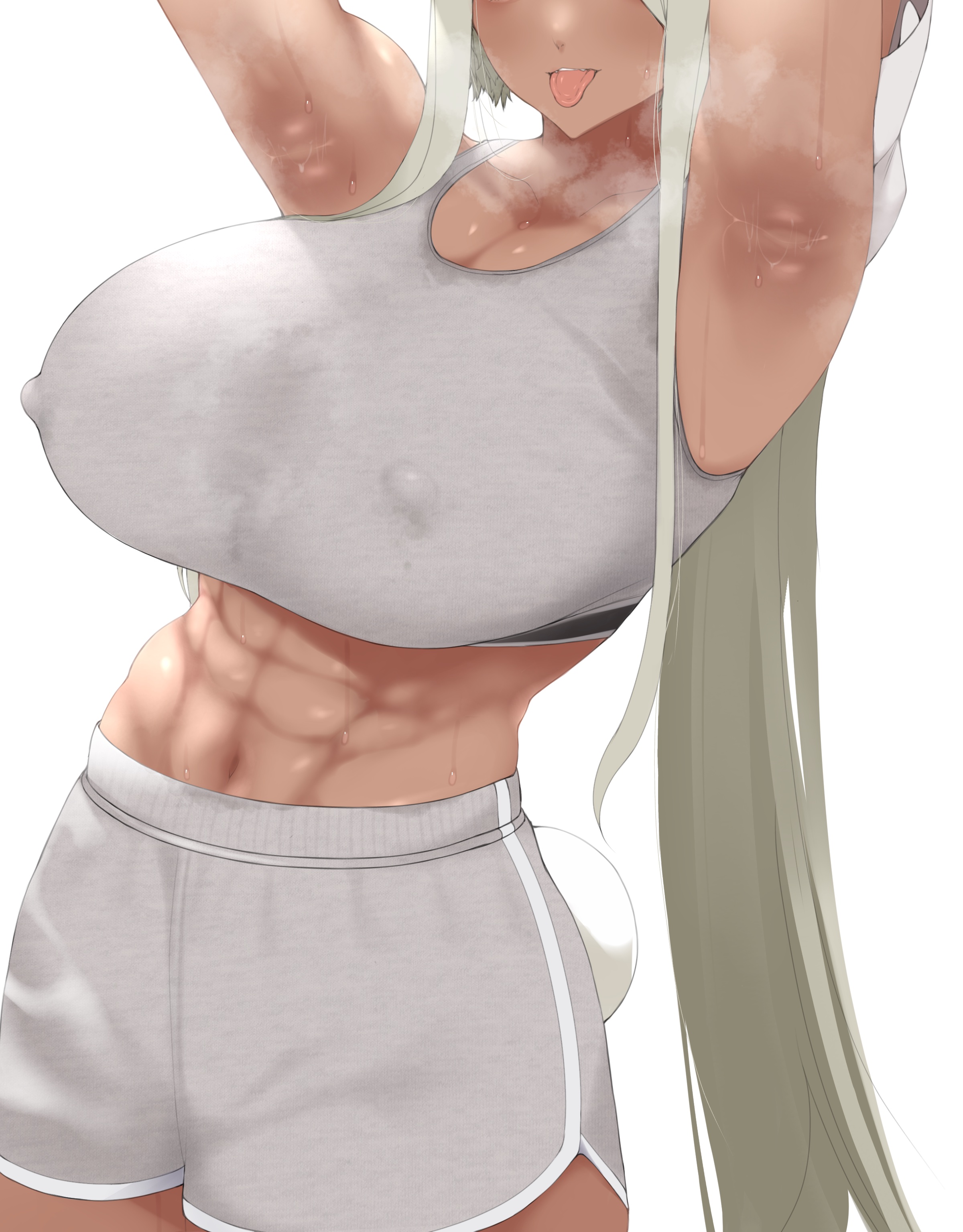 1girls, abs, absurdres, aizawa marimo, animal ears, armpits, arms behind head, arms up, bare shoulders, boku no hero academia, breasts, cleavage, clothing cutout, covered erect nipples, crop top, dark skin, dark-skinned female, eyes out of frame, female, female only, gloves, grey shorts, grey sports bra, head out of frame, highres, huge breasts, long hair, midriff, mirko, miruko, muscular, muscular female, musk, my hero academia, navel, nipple bulge, ponytail, rabbit ears, rabbit girl, rabbit tail, rumi usagiyama, shorts, smell, smile, solo, sports bra, steaming body, sweat, sweat stain, sweaty clothes, tail, tail through clothes, tongue, tongue out, usagiyama rumi, very long hair, white background, white gloves, white hair