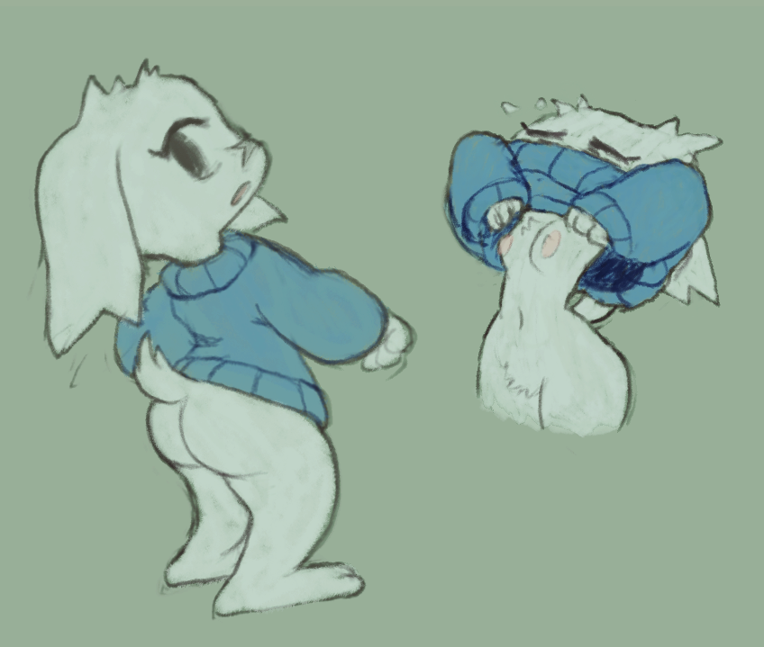 anthro ass bottomless cave_story clothing female lagomorph looking_back mammal midriff mimiga mostly_nude nipples partially_clothed simple_background solo sue_sakamoto sweater sweater_girl sweater_lift tail_tuft topwear tuft undressing unknown_artist video_games