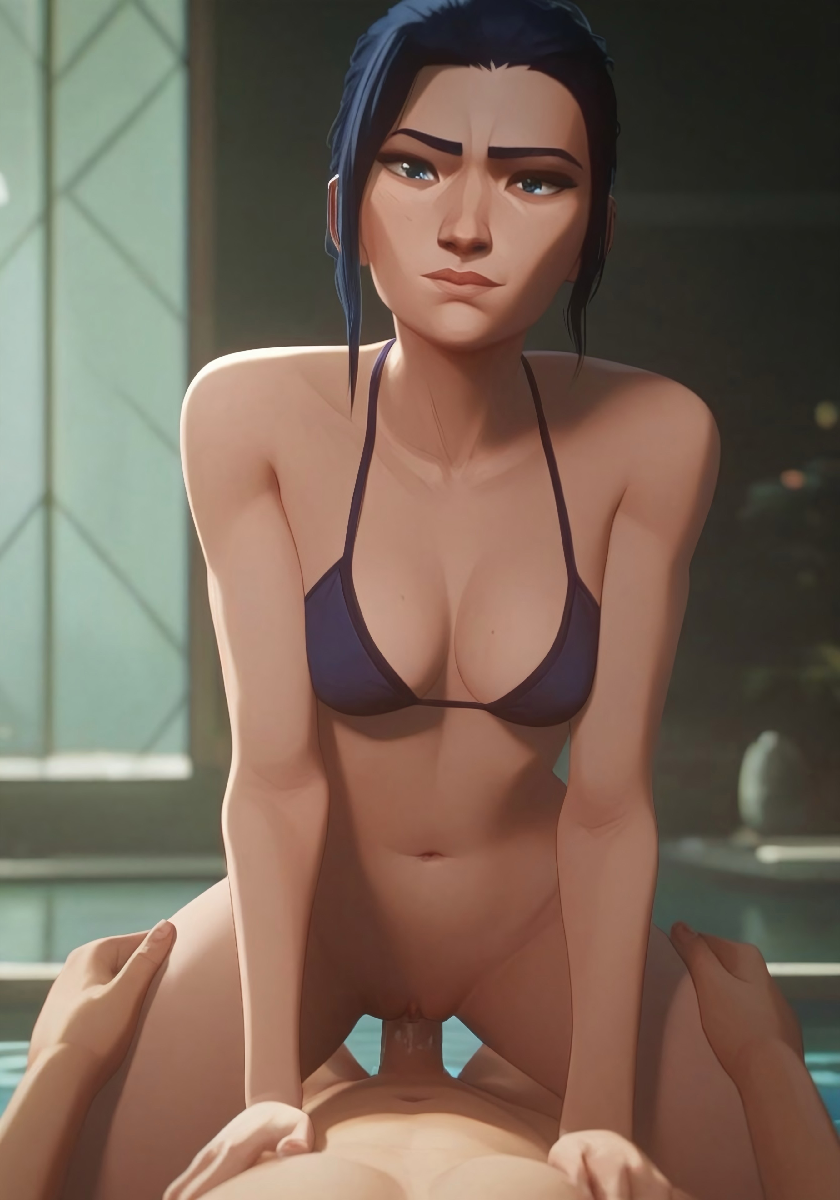 ai generated, arcane, blue hair, caitlyn kiramman, female, league of legends, looking at viewer, male, netflix, nude, penetration, pov, pussy, slim, straddling, vagina