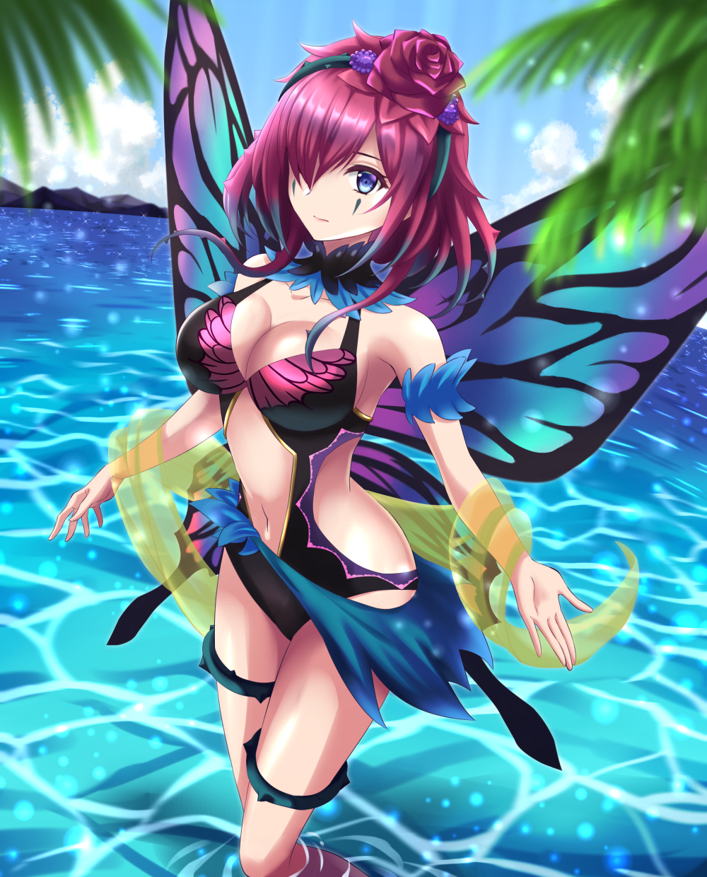 1girls alternate_costume bangs bare_shoulders black_swimsuit blue_eyes blue_sky breasts butterfly_wings cleavage cloud cosplay facial_mark fairy_wings female fire_emblem fire_emblem_heroes hair_ornament hair_over_one_eye highres kakiko210 looking_at_viewer medium_hair navel nintendo ocean one-piece_swimsuit plumeria_(fire_emblem) plumeria_(fire_emblem)_(cosplay) plumeria_(summer)_(fire_emblem) purple_hair sky swimsuit thorns triandra_(fire_emblem) veil wings