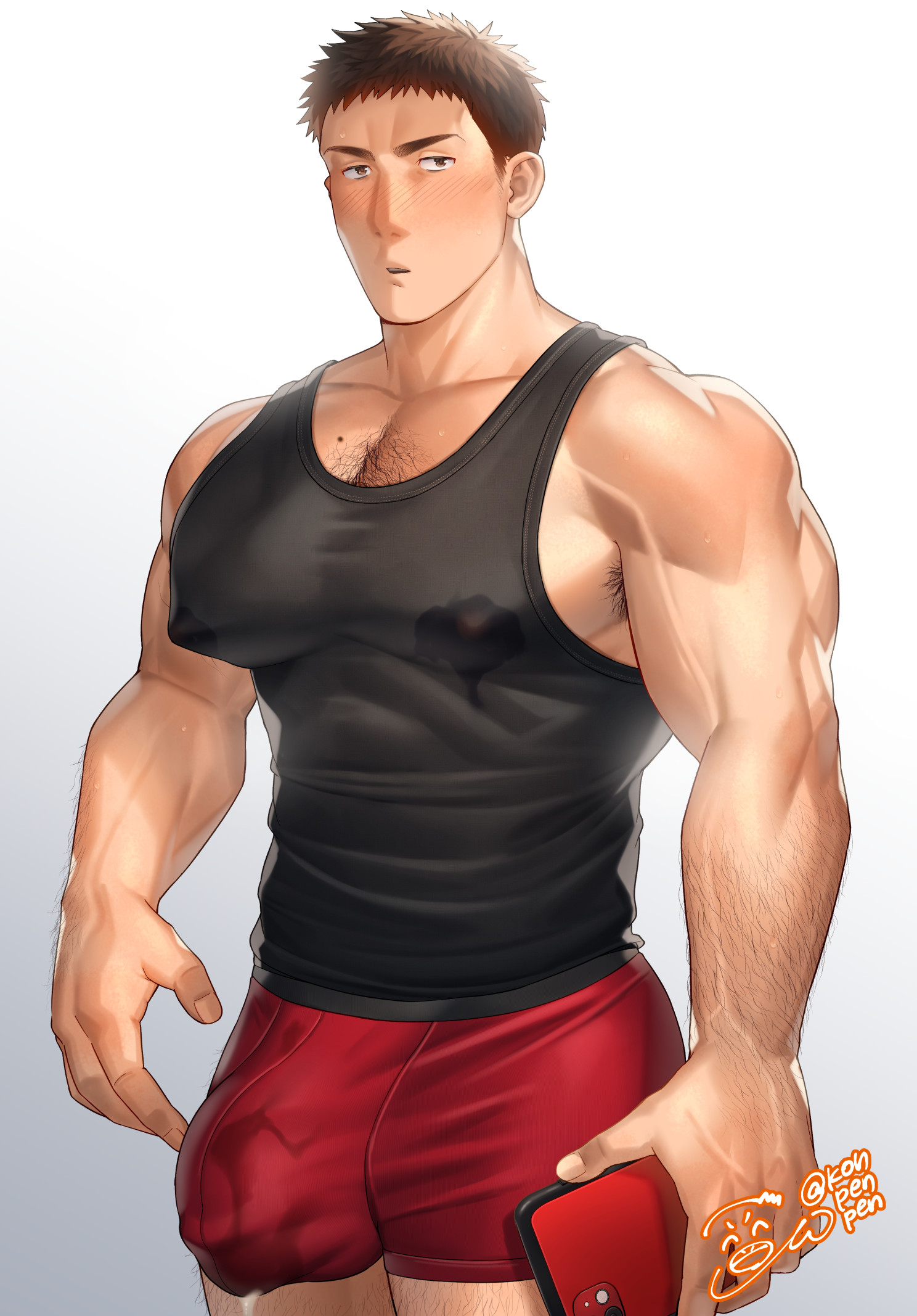 1boy, arm hair, armpit hair, artist name, artist signature, bara, beefy, biceps, big breasts, big bulge, big hands, big penis, blush, boxers (clothing), breasts, brown eyes, brown hair, bulge, bulge through clothing, cellphone, chest hair, collarbone, fingernails, frown, gay, genital outline, gradient background, grey background, hi res, holding object, holding phone, huge breasts, huge cock, hunk, konpenpen, looking at viewer, male, male breasts, male only, manly, mature male, mole, mole on breast, muscles, muscular, muscular arms, muscular legs, muscular male, muscular neck, muscular thighs, nipples visible through clothing, oppai, original, original character, pecs, penis, precum, precum through clothing, short hair, simple background, smartphone, solo, standing, tank top, thick, thick arms, thick eyebrows, thick penis, tight clothing, tough guy, triceps, veiny arms, veiny hands, white background, yaoi